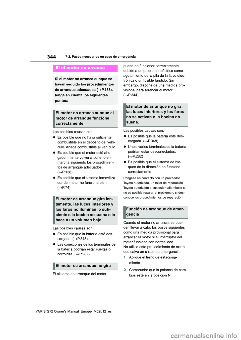 TOYOTA GR YARIS 2021 Manual del propietario (in Spanish) 344
YARIS(GR) Owners Manual_Europe_M52L12_es
7-2. Pasos necesarios en caso de emergencia
Las posibles causas son:
Es posible que no haya suficiente
combustible en el depósito del vehí-
culo. TOYOTA GR YARIS 2021 Manual del propietario (in Spanish) 344
YARIS(GR) Owners Manual_Europe_M52L12_es
7-2. Pasos necesarios en caso de emergencia
Las posibles causas son:
Es posible que no haya suficiente
combustible en el depósito del vehí-
culo.