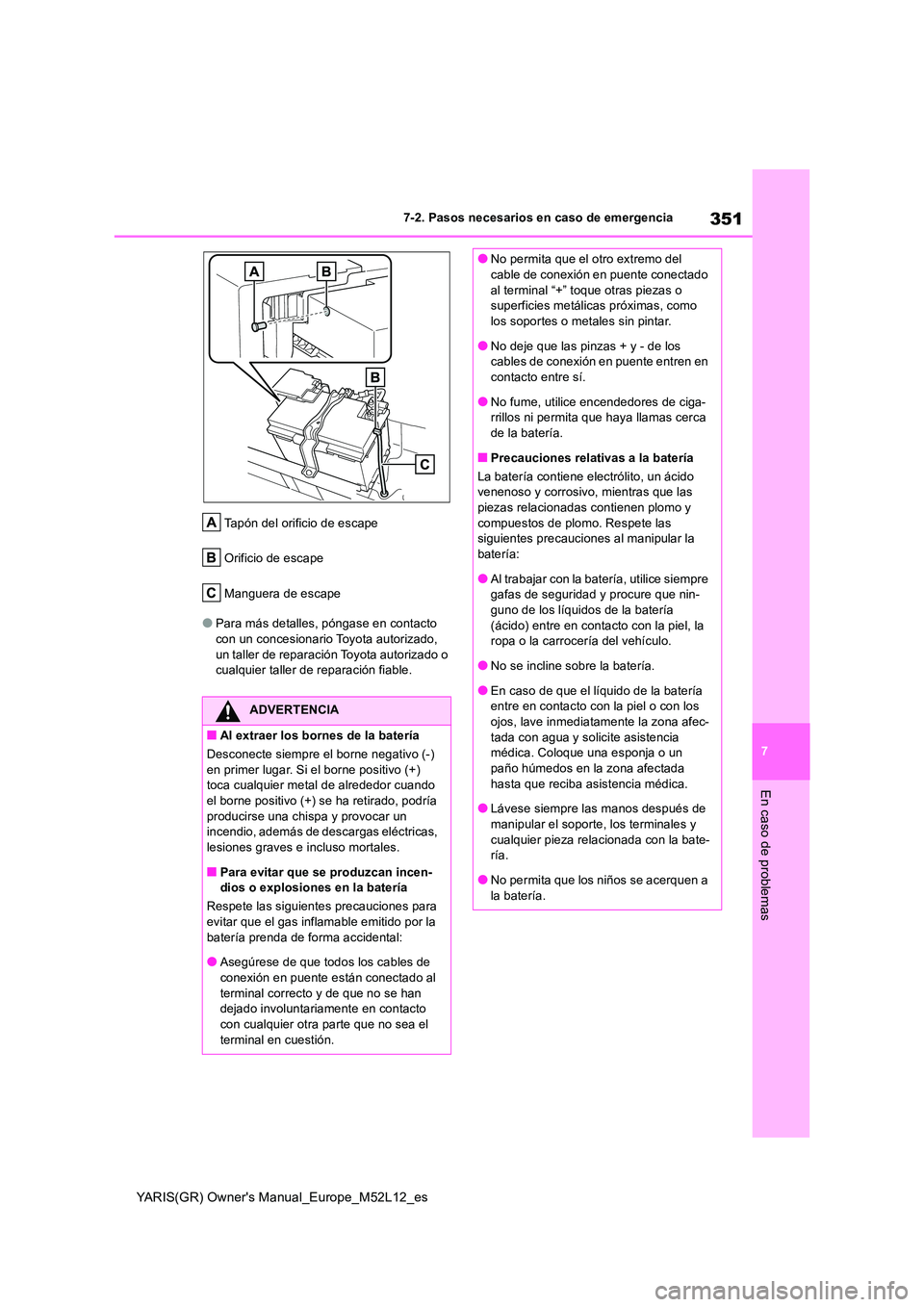 TOYOTA GR YARIS 2021  Manual del propietario (in Spanish) 351
7
YARIS(GR) Owners Manual_Europe_M52L12_es
7-2. Pasos necesarios en caso de emergencia
En caso de problemas
Tapón del orificio de escape 
Orificio de escape
Manguera de escape
●Para más detal