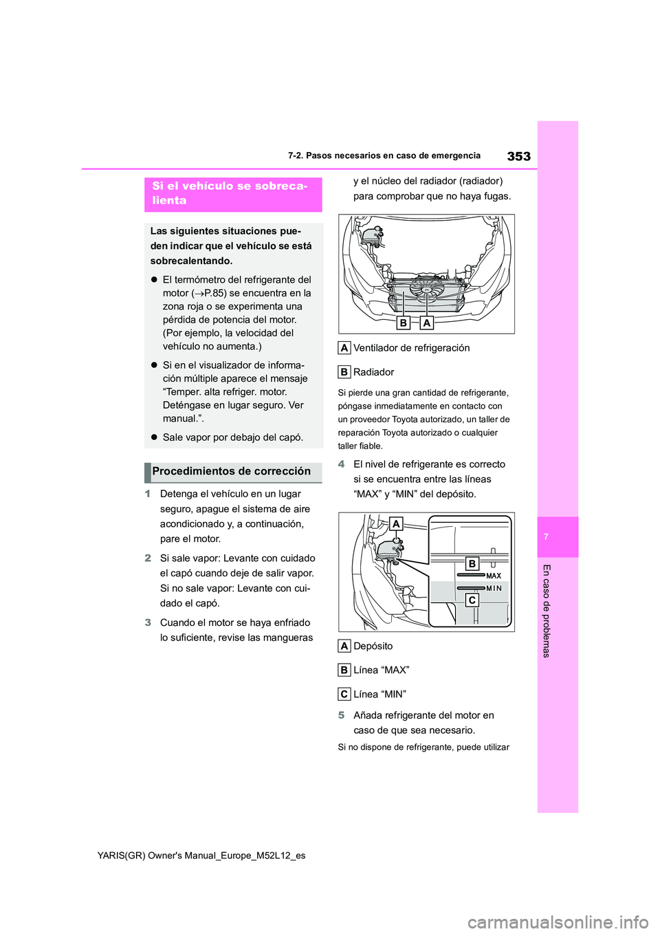TOYOTA GR YARIS 2021  Manual del propietario (in Spanish) 353
7
YARIS(GR) Owners Manual_Europe_M52L12_es
7-2. Pasos necesarios en caso de emergencia
En caso de problemas
1Detenga el vehículo en un lugar  
seguro, apague el sistema de aire  
acondicionado y