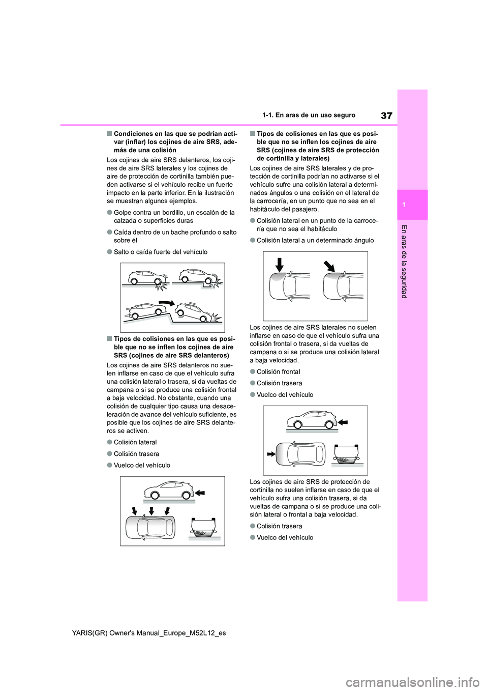 TOYOTA GR YARIS 2021 Manual del propietario (in Spanish) 37
1
YARIS(GR) Owners Manual_Europe_M52L12_es
1-1. En aras de un uso seguro
En aras de la seguridad
■Condiciones en las que se podrían acti- var (inflar) los cojines de aire SRS, ade-más de una c TOYOTA GR YARIS 2021 Manual del propietario (in Spanish) 37
1
YARIS(GR) Owners Manual_Europe_M52L12_es
1-1. En aras de un uso seguro
En aras de la seguridad
■Condiciones en las que se podrían acti- var (inflar) los cojines de aire SRS, ade-más de una c