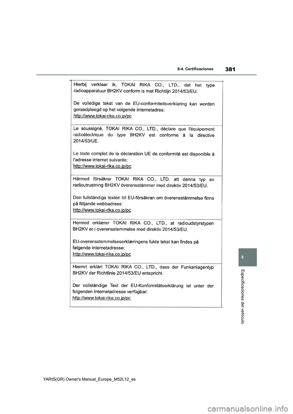 TOYOTA GR YARIS 2021 Manual del propietario (in Spanish) 381
8
YARIS(GR) Owners Manual_Europe_M52L12_es
8-4. Certificaciones
Especificaciones del vehículo TOYOTA GR YARIS 2021 Manual del propietario (in Spanish) 381
8
YARIS(GR) Owners Manual_Europe_M52L12_es
8-4. Certificaciones
Especificaciones del vehículo