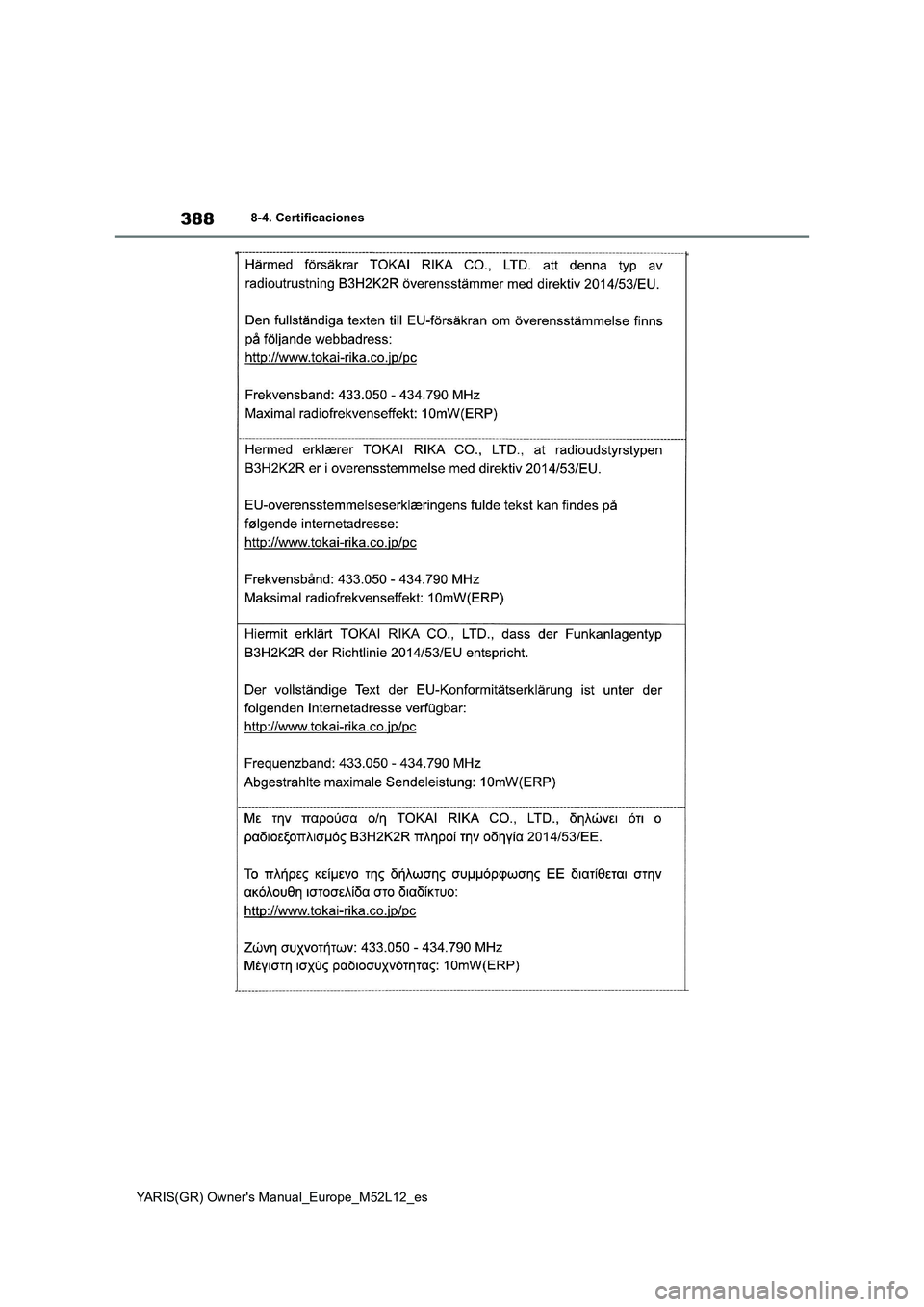 TOYOTA GR YARIS 2021 Manual del propietario (in Spanish) 388
YARIS(GR) Owners Manual_Europe_M52L12_es
8-4. Certificaciones TOYOTA GR YARIS 2021 Manual del propietario (in Spanish) 388
YARIS(GR) Owners Manual_Europe_M52L12_es
8-4. Certificaciones