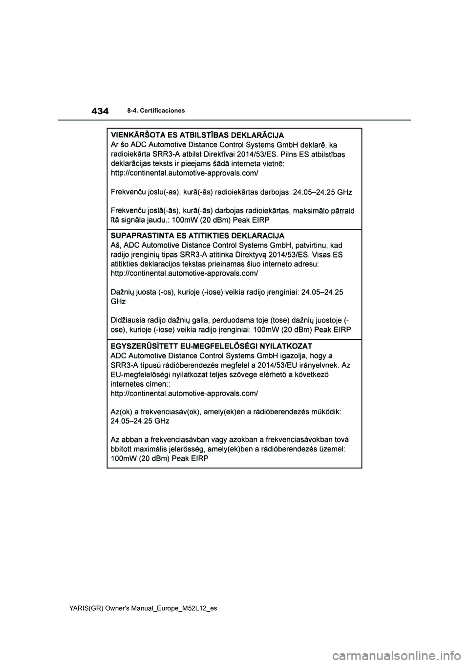 TOYOTA GR YARIS 2021 Manual del propietario (in Spanish) 434
YARIS(GR) Owners Manual_Europe_M52L12_es
8-4. Certificaciones TOYOTA GR YARIS 2021 Manual del propietario (in Spanish) 434
YARIS(GR) Owners Manual_Europe_M52L12_es
8-4. Certificaciones