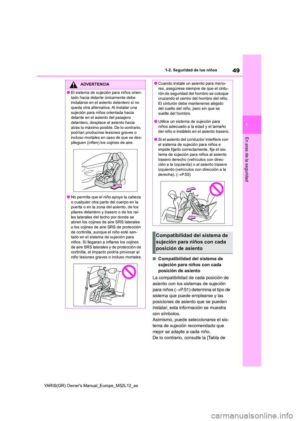 TOYOTA GR YARIS 2021 Manual del propietario (in Spanish) 49
1
YARIS(GR) Owners Manual_Europe_M52L12_es
1-2. Seguridad de los niños
En aras de la seguridad
■Compatibilidad del sistema de
sujeción para niños con cada
posición de asiento
La compatib TOYOTA GR YARIS 2021 Manual del propietario (in Spanish) 49
1
YARIS(GR) Owners Manual_Europe_M52L12_es
1-2. Seguridad de los niños
En aras de la seguridad
■Compatibilidad del sistema de
sujeción para niños con cada
posición de asiento
La compatib