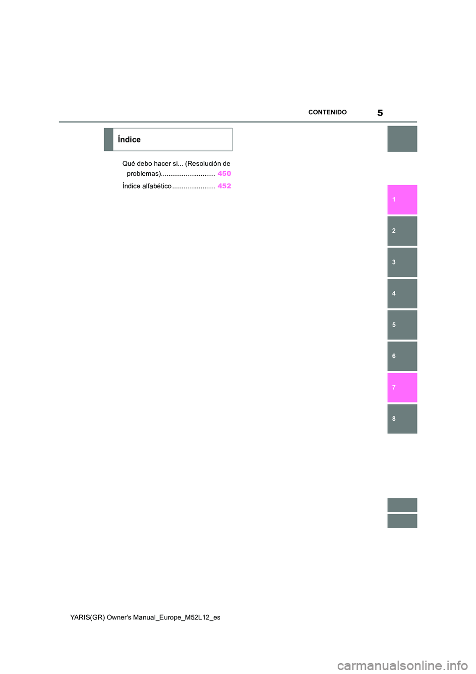 TOYOTA GR YARIS 2020  Manual del propietario (in Spanish) 5
YARIS(GR) Owners Manual_Europe_M52L12_es
CONTENIDO
1 
6 
5
4
3
2
8
7
Qué debo hacer si... (Resolución de  
problemas)............................. 450 
Índice alfabético .......................
