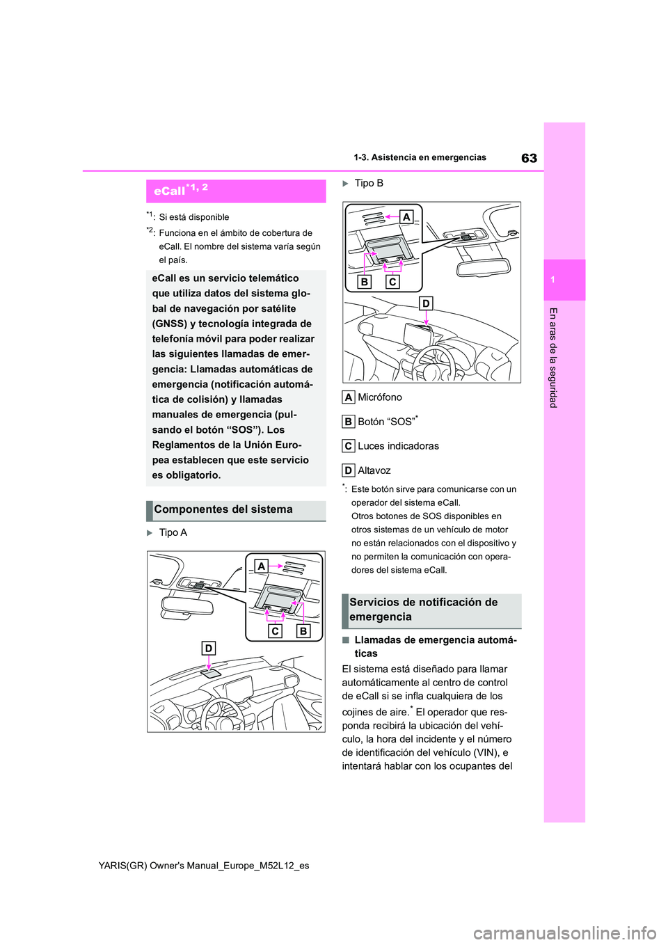 TOYOTA GR YARIS 2021 Manual del propietario (in Spanish) 63
1
YARIS(GR) Owners Manual_Europe_M52L12_es
1-3. Asistencia en emergencias
En aras de la seguridad
1-3.Asistencia en emergenc ias
*1: Si está disponible
*2: Funciona en el ámbito de cobertura de TOYOTA GR YARIS 2021 Manual del propietario (in Spanish) 63
1
YARIS(GR) Owners Manual_Europe_M52L12_es
1-3. Asistencia en emergencias
En aras de la seguridad
1-3.Asistencia en emergenc ias
*1: Si está disponible
*2: Funciona en el ámbito de cobertura de