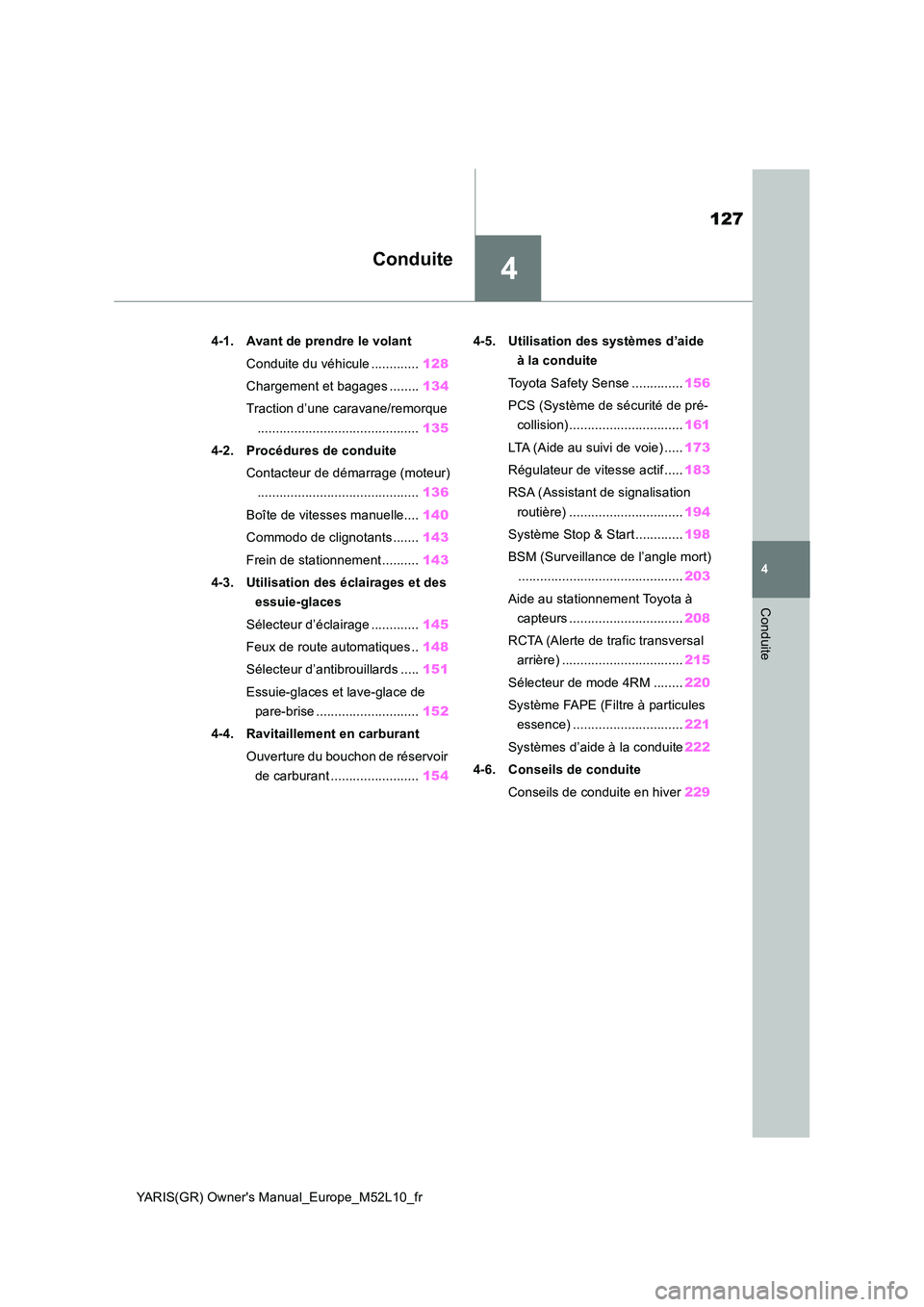 TOYOTA GR YARIS 2020 Manuel du propriétaire (in French) 4
127
YARIS(GR) Owners Manual_Europe_M52L10_fr
4
Conduite
Conduite
4-1. Avant de prendre le volant
Conduite du véhicule ............. 128
Chargement et bagages ........ 134
Traction d’une carav TOYOTA GR YARIS 2020 Manuel du propriétaire (in French) 4
127
YARIS(GR) Owners Manual_Europe_M52L10_fr
4
Conduite
Conduite
4-1. Avant de prendre le volant
Conduite du véhicule ............. 128
Chargement et bagages ........ 134
Traction d’une carav