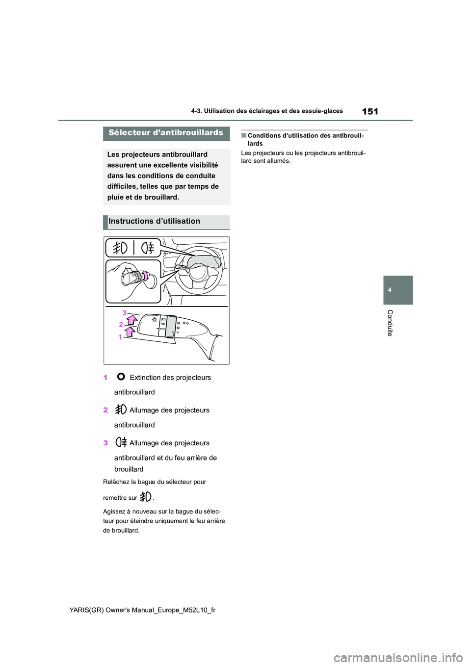 TOYOTA GR YARIS 2020 Manuel du propriétaire (in French) 151
4
YARIS(GR) Owners Manual_Europe_M52L10_fr
4-3. Utilisation des éclairages et des essuie-glaces
Conduite
1 Extinction des projecteurs
antibrouillard
2 Allumage des projecteurs
antibrouilla TOYOTA GR YARIS 2020 Manuel du propriétaire (in French) 151
4
YARIS(GR) Owners Manual_Europe_M52L10_fr
4-3. Utilisation des éclairages et des essuie-glaces
Conduite
1 Extinction des projecteurs
antibrouillard
2 Allumage des projecteurs
antibrouilla