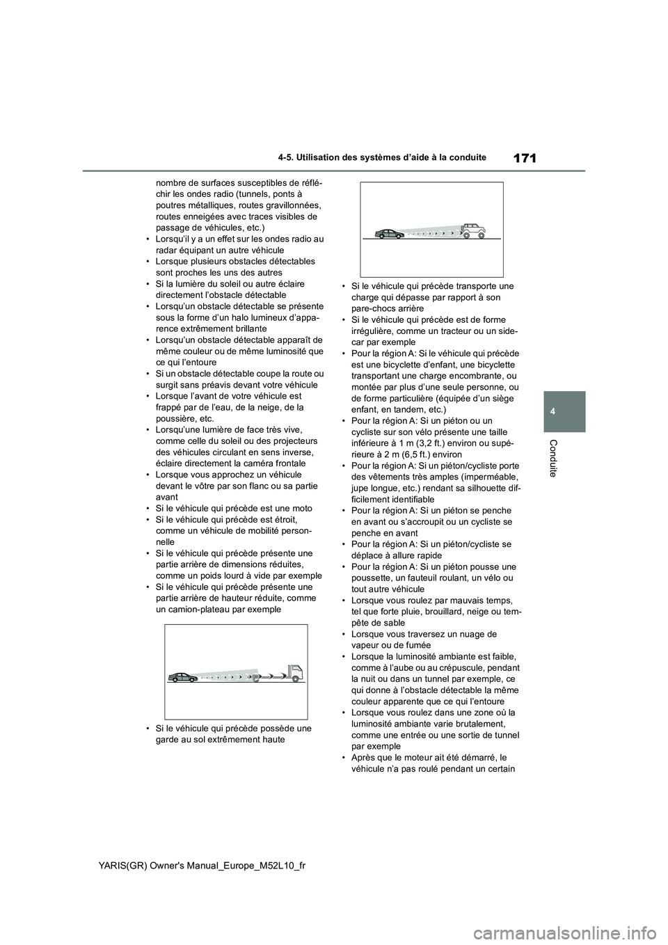 TOYOTA GR YARIS 2020 Manuel du propriétaire (in French) 171
4
YARIS(GR) Owners Manual_Europe_M52L10_fr
4-5. Utilisation des systèmes d’aide à la conduite
Conduite
nombre de surfaces susceptibles de réflé- chir les ondes radio (tunnels, ponts à pout TOYOTA GR YARIS 2020 Manuel du propriétaire (in French) 171
4
YARIS(GR) Owners Manual_Europe_M52L10_fr
4-5. Utilisation des systèmes d’aide à la conduite
Conduite
nombre de surfaces susceptibles de réflé- chir les ondes radio (tunnels, ponts à pout