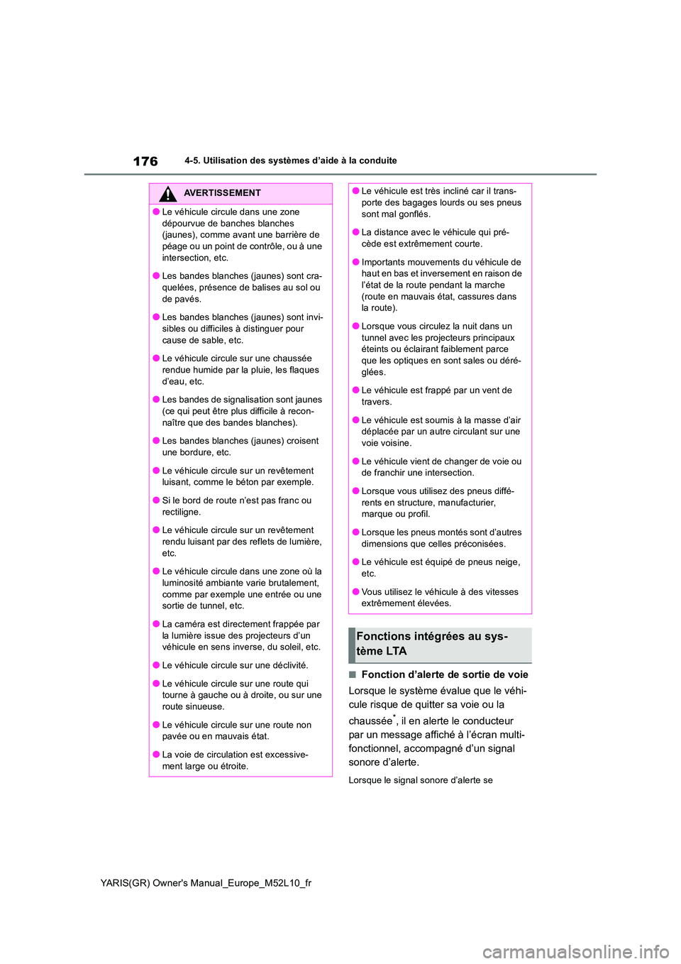 TOYOTA GR YARIS 2020 Manuel du propriétaire (in French) 176
YARIS(GR) Owners Manual_Europe_M52L10_fr
4-5. Utilisation des systèmes d’aide à la conduite
■Fonction d’alerte de sortie de voie
Lorsque le système évalue que le véhi-
cule risque de TOYOTA GR YARIS 2020 Manuel du propriétaire (in French) 176
YARIS(GR) Owners Manual_Europe_M52L10_fr
4-5. Utilisation des systèmes d’aide à la conduite
■Fonction d’alerte de sortie de voie
Lorsque le système évalue que le véhi-
cule risque de