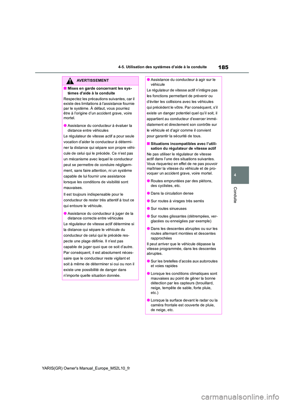 TOYOTA GR YARIS 2020  Manuel du propriétaire (in French) 185
4
YARIS(GR) Owners Manual_Europe_M52L10_fr
4-5. Utilisation des systèmes d’aide à la conduite
Conduite
AVERTISSEMENT
■Mises en garde concernant les sys- 
tèmes d’aide à la conduite 
Res