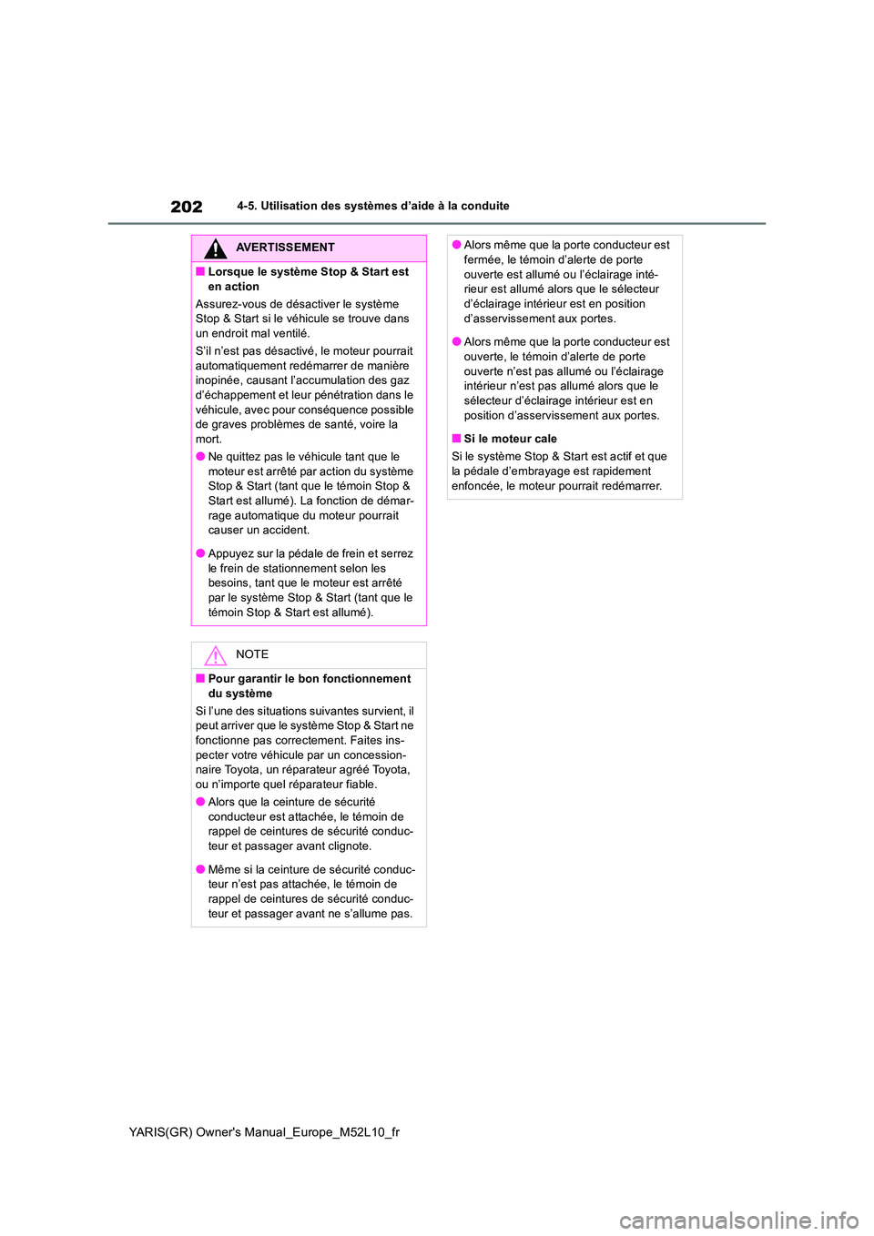 TOYOTA GR YARIS 2020  Manuel du propriétaire (in French) 202
YARIS(GR) Owners Manual_Europe_M52L10_fr
4-5. Utilisation des systèmes d’aide à la conduite
AVERTISSEMENT
■Lorsque le système Stop & Start est  
en action 
Assurez-vous de désactiver le s