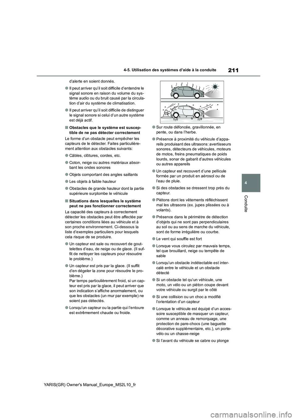 TOYOTA GR YARIS 2020  Manuel du propriétaire (in French) 211
4
YARIS(GR) Owners Manual_Europe_M52L10_fr
4-5. Utilisation des systèmes d’aide à la conduite
Conduite
d’alerte en soient donnés.
●Il peut arriver qu’il soit difficile d’entendre le 