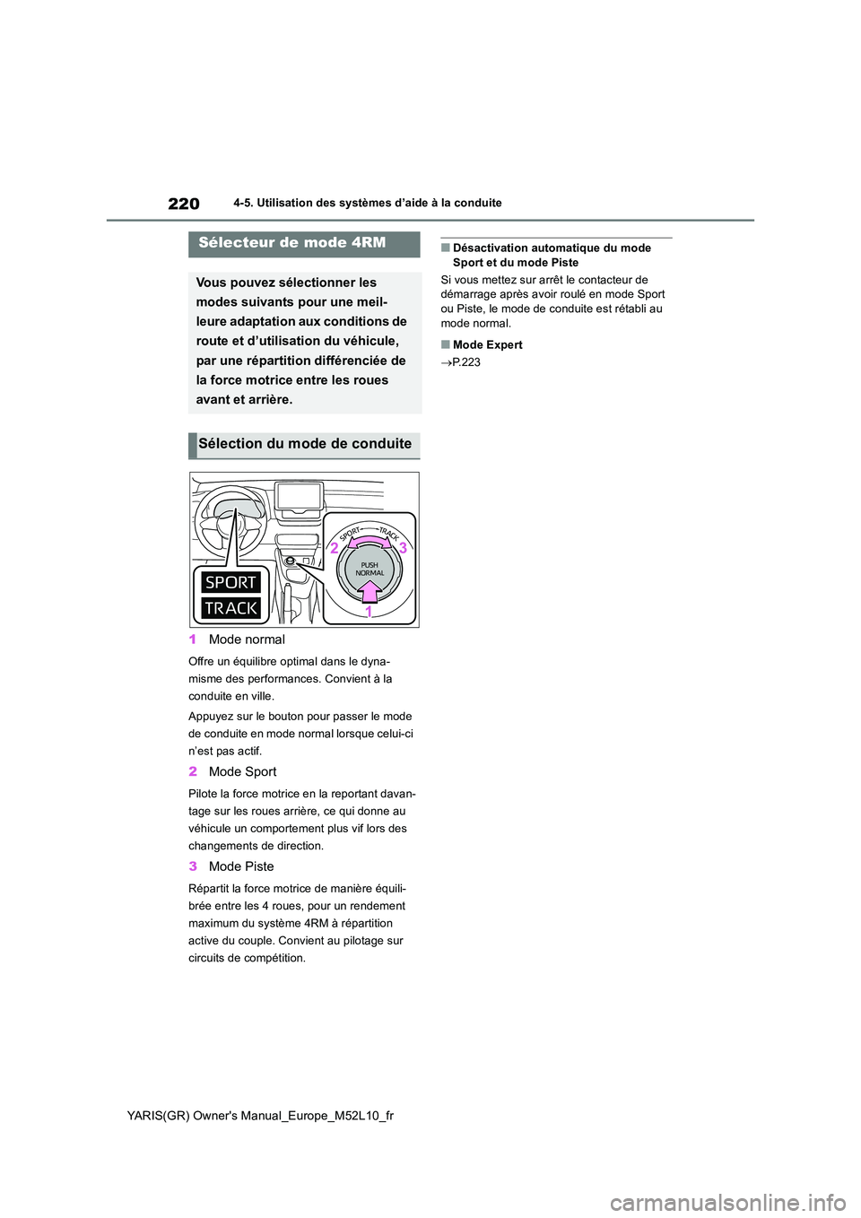 TOYOTA GR YARIS 2020 Manuel du propriétaire (in French) 220
YARIS(GR) Owners Manual_Europe_M52L10_fr
4-5. Utilisation des systèmes d’aide à la conduite
1Mode normal
Offre un équilibre optimal dans le dyna-
misme des performances. Convient à la
con TOYOTA GR YARIS 2020 Manuel du propriétaire (in French) 220
YARIS(GR) Owners Manual_Europe_M52L10_fr
4-5. Utilisation des systèmes d’aide à la conduite
1Mode normal
Offre un équilibre optimal dans le dyna-
misme des performances. Convient à la
con