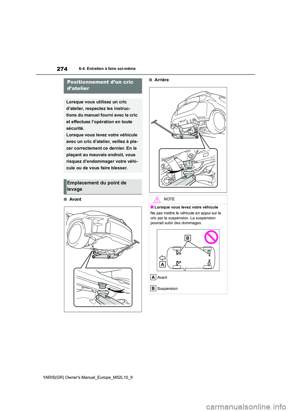 TOYOTA GR YARIS 2020 Manuel du propriétaire (in French) 274
YARIS(GR) Owners Manual_Europe_M52L10_fr
6-4. Entretien à faire soi-même
■Avant
■ArrièrePositionnement d’un cric
d’atelier
Lorsque vous utilisez un cric
d’atelier, respectez les TOYOTA GR YARIS 2020 Manuel du propriétaire (in French) 274
YARIS(GR) Owners Manual_Europe_M52L10_fr
6-4. Entretien à faire soi-même
■Avant
■ArrièrePositionnement d’un cric
d’atelier
Lorsque vous utilisez un cric
d’atelier, respectez les