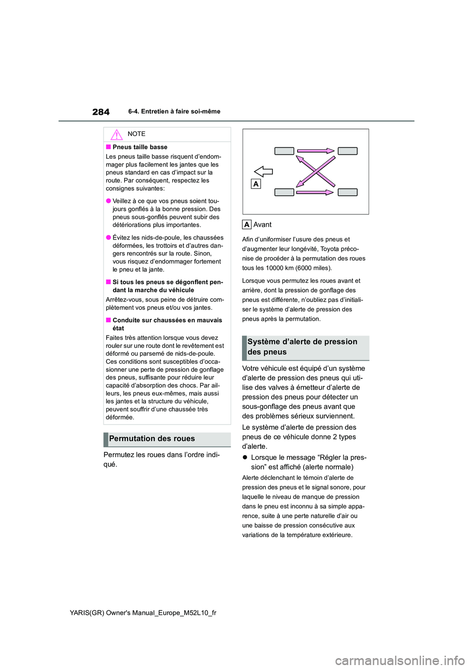 TOYOTA GR YARIS 2020 Manuel du propriétaire (in French) 284
YARIS(GR) Owners Manual_Europe_M52L10_fr
6-4. Entretien à faire soi-même
Permutez les roues dans l’ordre indi-
qué.
Avant
Afin d’uniformiser l’usure des pneus et
d’augmenter leur l TOYOTA GR YARIS 2020 Manuel du propriétaire (in French) 284
YARIS(GR) Owners Manual_Europe_M52L10_fr
6-4. Entretien à faire soi-même
Permutez les roues dans l’ordre indi-
qué.
Avant
Afin d’uniformiser l’usure des pneus et
d’augmenter leur l