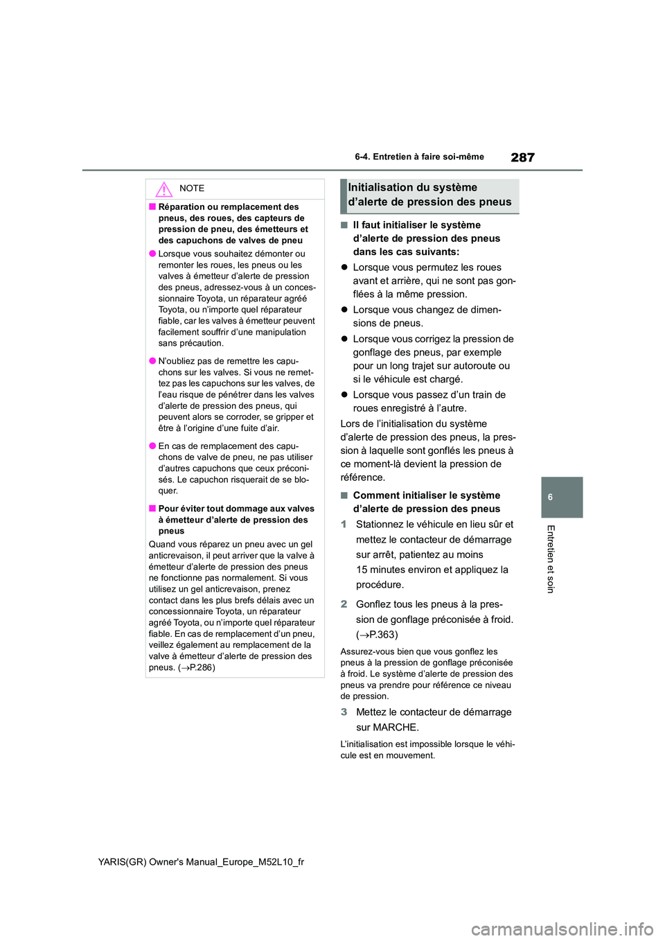 TOYOTA GR YARIS 2020  Manuel du propriétaire (in French) 287
6
YARIS(GR) Owners Manual_Europe_M52L10_fr
6-4. Entretien à faire soi-même
Entretien et soin
■Il faut initialiser le système  
d’alerte de pression des pneus 
dans les cas suivants: 
�z Lo