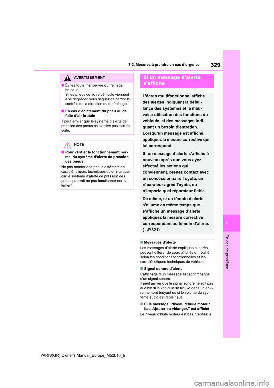 TOYOTA GR YARIS 2020  Manuel du propriétaire (in French) 329
7
YARIS(GR) Owners Manual_Europe_M52L10_fr
7-2. Mesures à prendre en cas d’urgence
En cas de problème
■Messages d’alerte 
Les messages d’alerte  expliqués ci-après  peuvent différer 