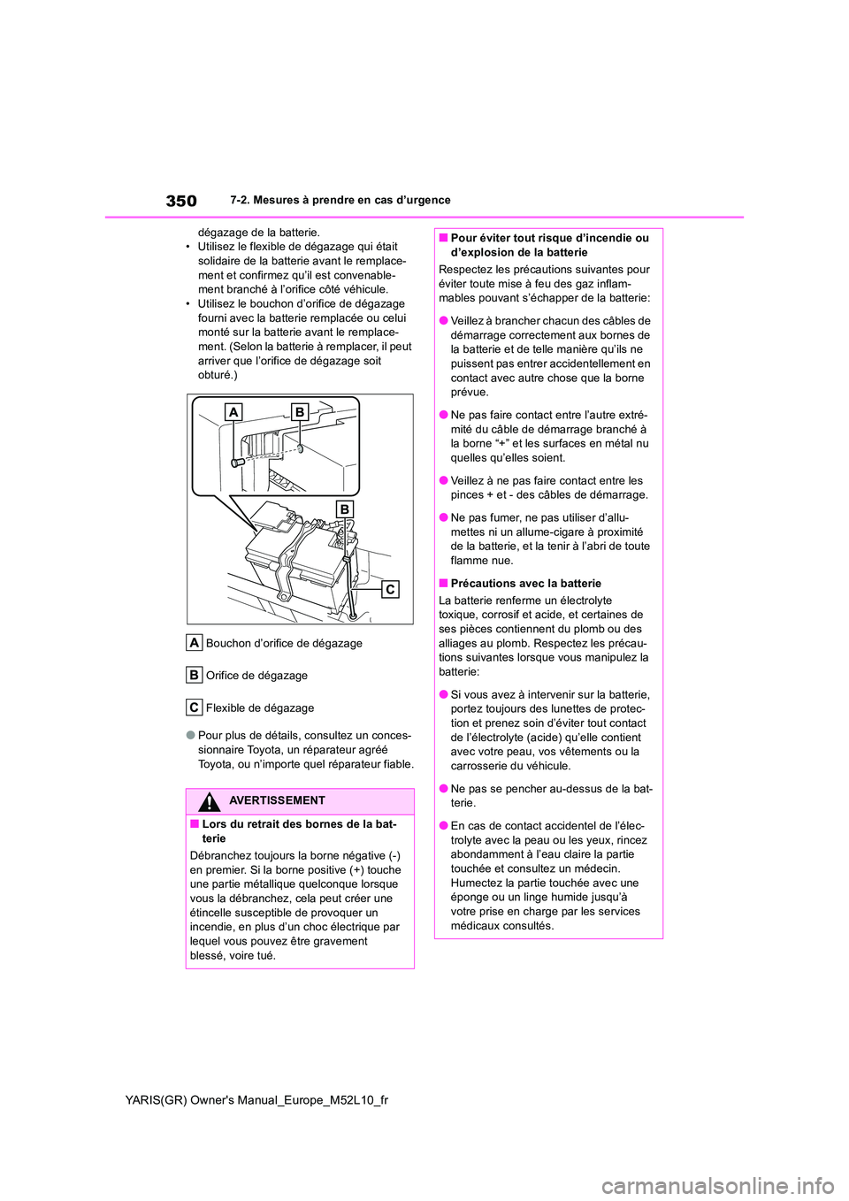 TOYOTA GR YARIS 2020 Manuel du propriétaire (in French) 350
YARIS(GR) Owners Manual_Europe_M52L10_fr
7-2. Mesures à prendre en cas d’urgence
dégazage de la batterie. • Utilisez le flexible de dégazage qui était solidaire de la batterie avant le r TOYOTA GR YARIS 2020 Manuel du propriétaire (in French) 350
YARIS(GR) Owners Manual_Europe_M52L10_fr
7-2. Mesures à prendre en cas d’urgence
dégazage de la batterie. • Utilisez le flexible de dégazage qui était solidaire de la batterie avant le r