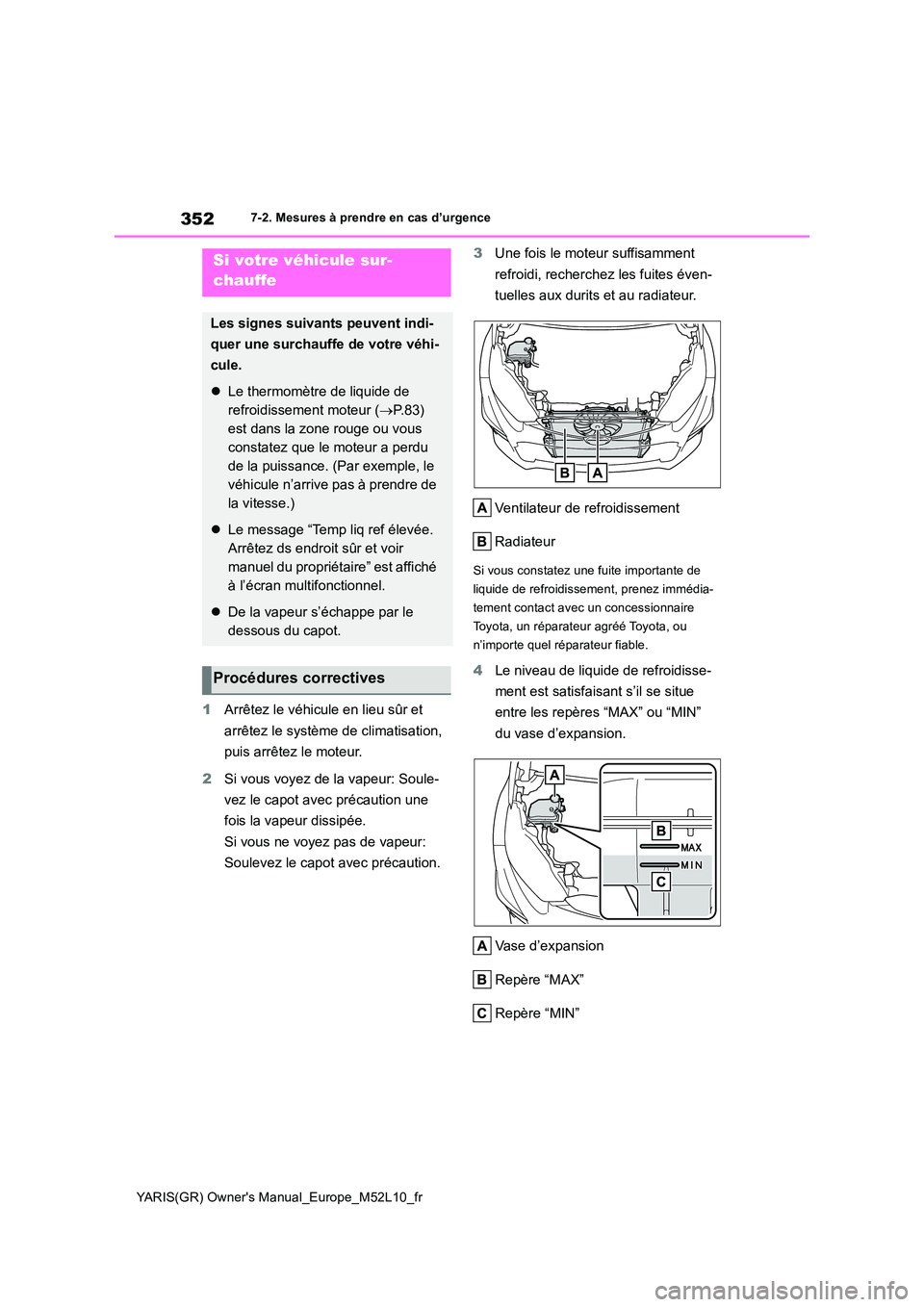 TOYOTA GR YARIS 2020 Manuel du propriétaire (in French) 352
YARIS(GR) Owners Manual_Europe_M52L10_fr
7-2. Mesures à prendre en cas d’urgence
1Arrêtez le véhicule en lieu sûr et
arrêtez le système de climatisation,
puis arrêtez le moteur.
2 S TOYOTA GR YARIS 2020 Manuel du propriétaire (in French) 352
YARIS(GR) Owners Manual_Europe_M52L10_fr
7-2. Mesures à prendre en cas d’urgence
1Arrêtez le véhicule en lieu sûr et
arrêtez le système de climatisation,
puis arrêtez le moteur.
2 S