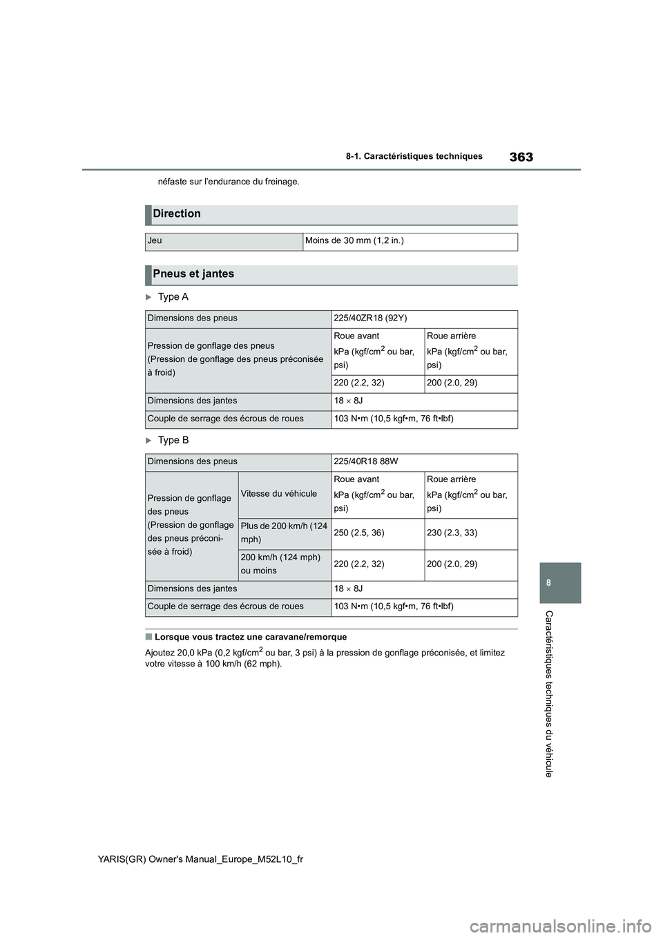 TOYOTA GR YARIS 2020 Manuel du propriétaire (in French) 363
8
YARIS(GR) Owners Manual_Europe_M52L10_fr
8-1. Caractéristiques techniques
Caractéristiques techniques du véhicule
néfaste sur l’endurance du freinage.
Ty p e A
Ty p e B
■Lorsque TOYOTA GR YARIS 2020 Manuel du propriétaire (in French) 363
8
YARIS(GR) Owners Manual_Europe_M52L10_fr
8-1. Caractéristiques techniques
Caractéristiques techniques du véhicule
néfaste sur l’endurance du freinage.
Ty p e A
Ty p e B
■Lorsque