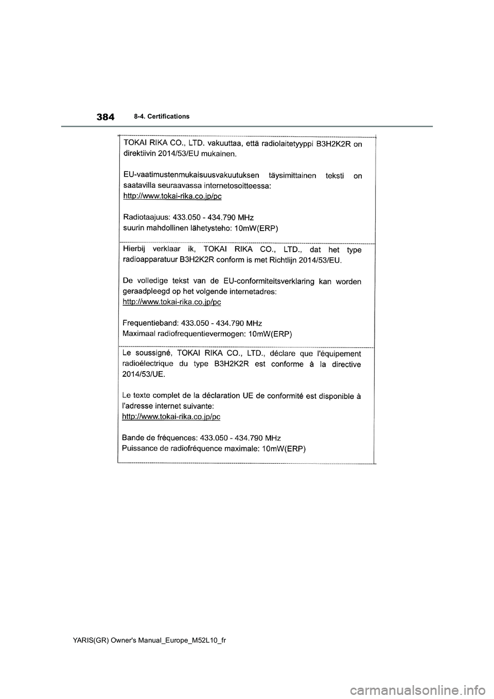 TOYOTA GR YARIS 2020 Manuel du propriétaire (in French) 384
YARIS(GR) Owners Manual_Europe_M52L10_fr
8-4. Certifications TOYOTA GR YARIS 2020 Manuel du propriétaire (in French) 384
YARIS(GR) Owners Manual_Europe_M52L10_fr
8-4. Certifications