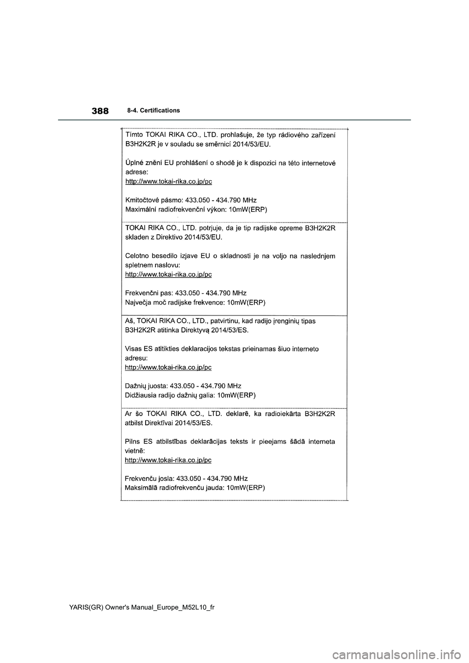 TOYOTA GR YARIS 2020 Manuel du propriétaire (in French) 388
YARIS(GR) Owners Manual_Europe_M52L10_fr
8-4. Certifications TOYOTA GR YARIS 2020 Manuel du propriétaire (in French) 388
YARIS(GR) Owners Manual_Europe_M52L10_fr
8-4. Certifications