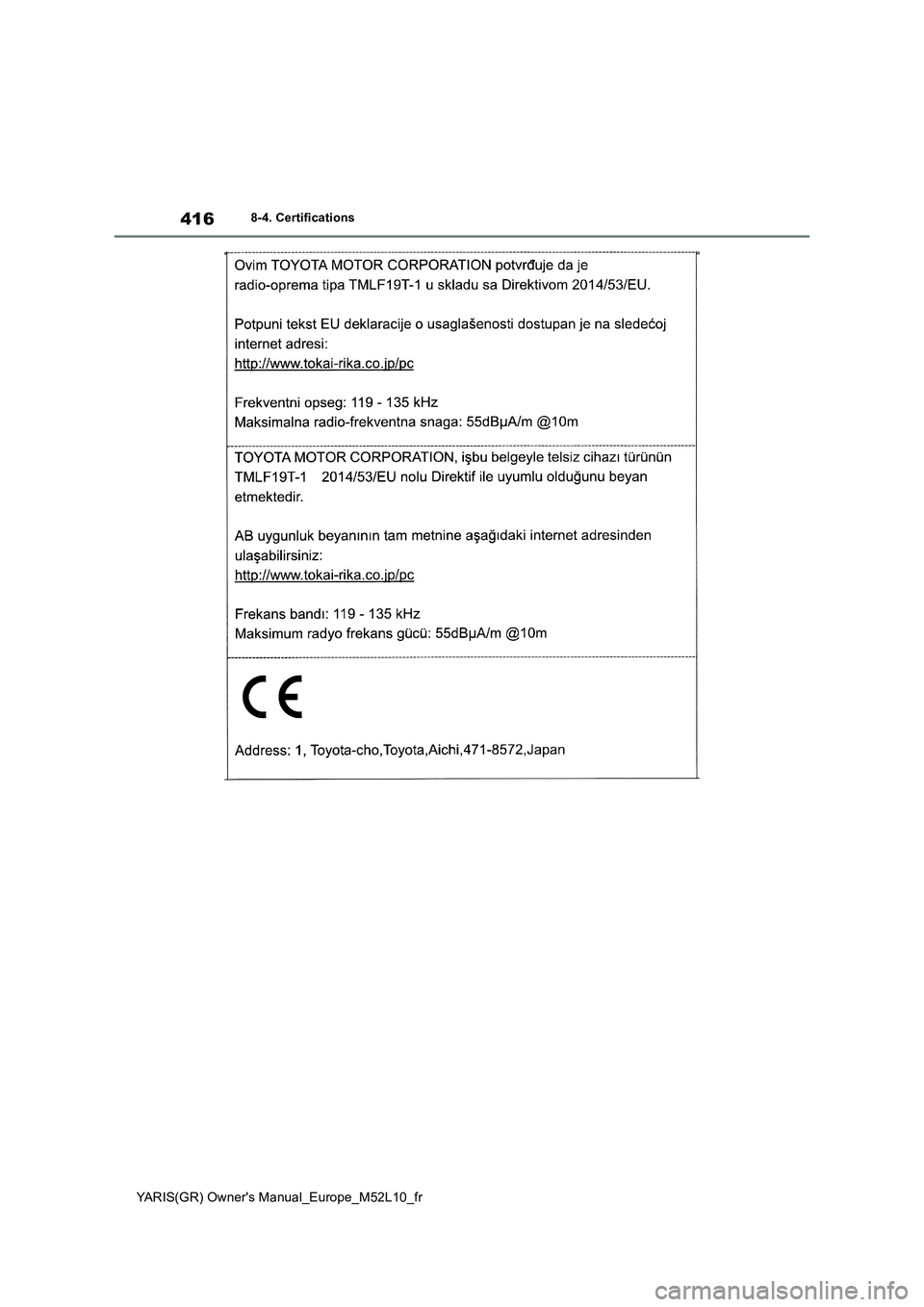 TOYOTA GR YARIS 2020 Manuel du propriétaire (in French) 416
YARIS(GR) Owners Manual_Europe_M52L10_fr
8-4. Certifications TOYOTA GR YARIS 2020 Manuel du propriétaire (in French) 416
YARIS(GR) Owners Manual_Europe_M52L10_fr
8-4. Certifications