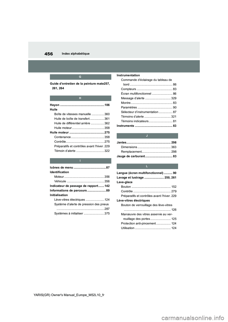 TOYOTA GR YARIS 2020 Manuel du propriétaire (in French) 456
YARIS(GR) Owners Manual_Europe_M52L10_fr
Index alphabétique
G
Guide d’entretien de la peinture mate257,
261, 264
H
Hayon .................................................... 106
Huile
Boîte TOYOTA GR YARIS 2020 Manuel du propriétaire (in French) 456
YARIS(GR) Owners Manual_Europe_M52L10_fr
Index alphabétique
G
Guide d’entretien de la peinture mate257,
261, 264
H
Hayon .................................................... 106
Huile
Boîte