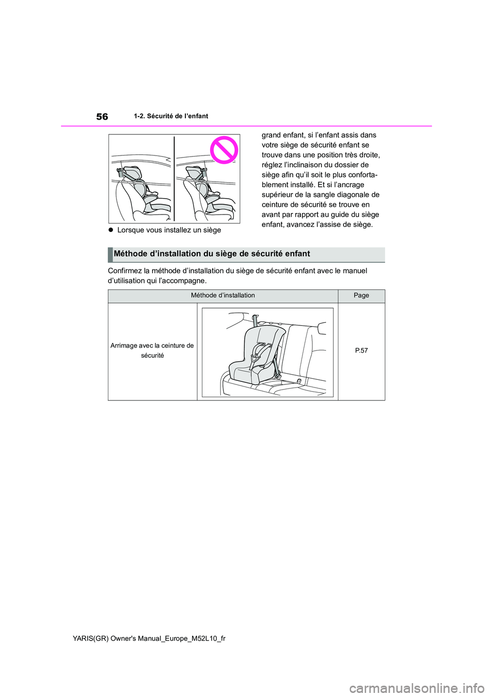 TOYOTA GR YARIS 2020  Manuel du propriétaire (in French) 56
YARIS(GR) Owners Manual_Europe_M52L10_fr
1-2. Sécurité de l’enfant
�zLorsque vous installez un siège  
grand enfant, si l’enfant assis dans  
votre siège de sécurité enfant se 
trouve da