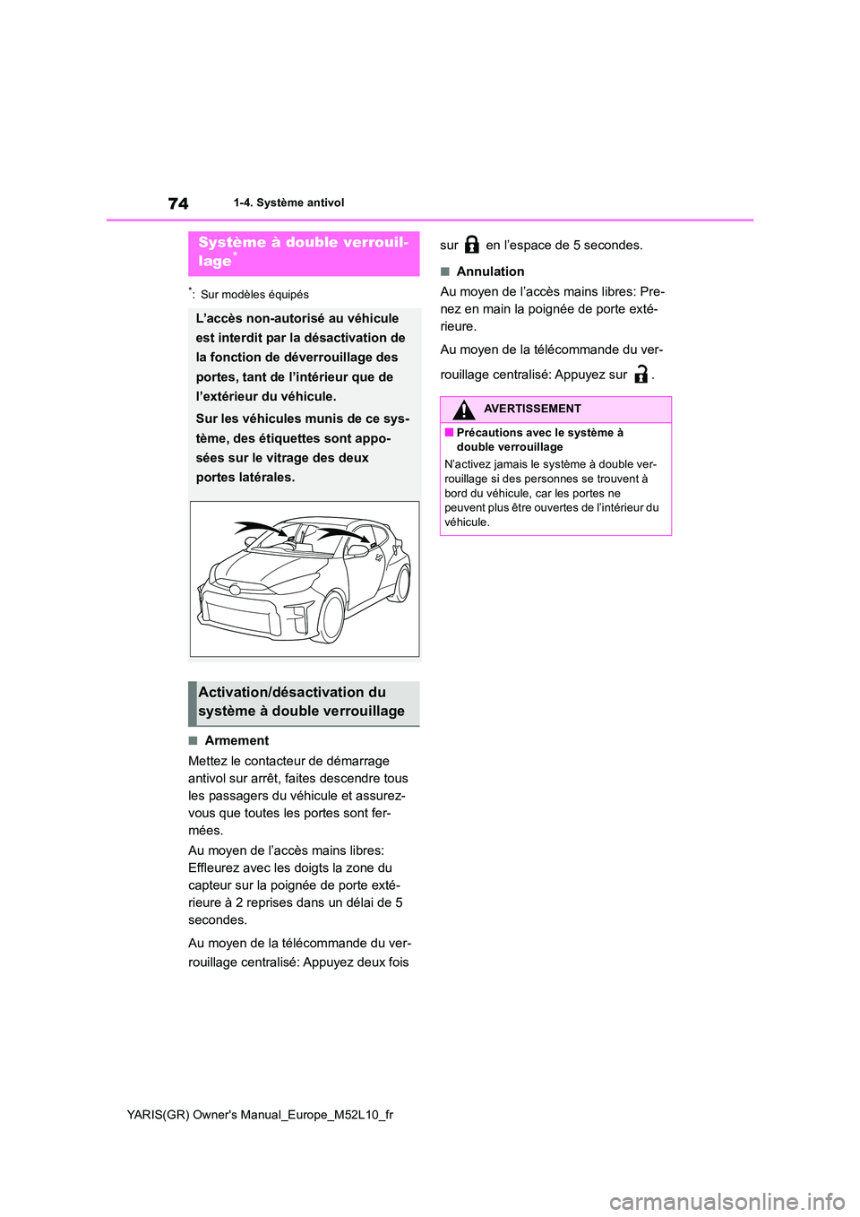 TOYOTA GR YARIS 2020 Manuel du propriétaire (in French) 74
YARIS(GR) Owners Manual_Europe_M52L10_fr
1-4. Système antivol
*: Sur modèles équipés
■Armement
Mettez le contacteur de démarrage
antivol sur arrêt, faites descendre tous
les passagers TOYOTA GR YARIS 2020 Manuel du propriétaire (in French) 74
YARIS(GR) Owners Manual_Europe_M52L10_fr
1-4. Système antivol
*: Sur modèles équipés
■Armement
Mettez le contacteur de démarrage
antivol sur arrêt, faites descendre tous
les passagers