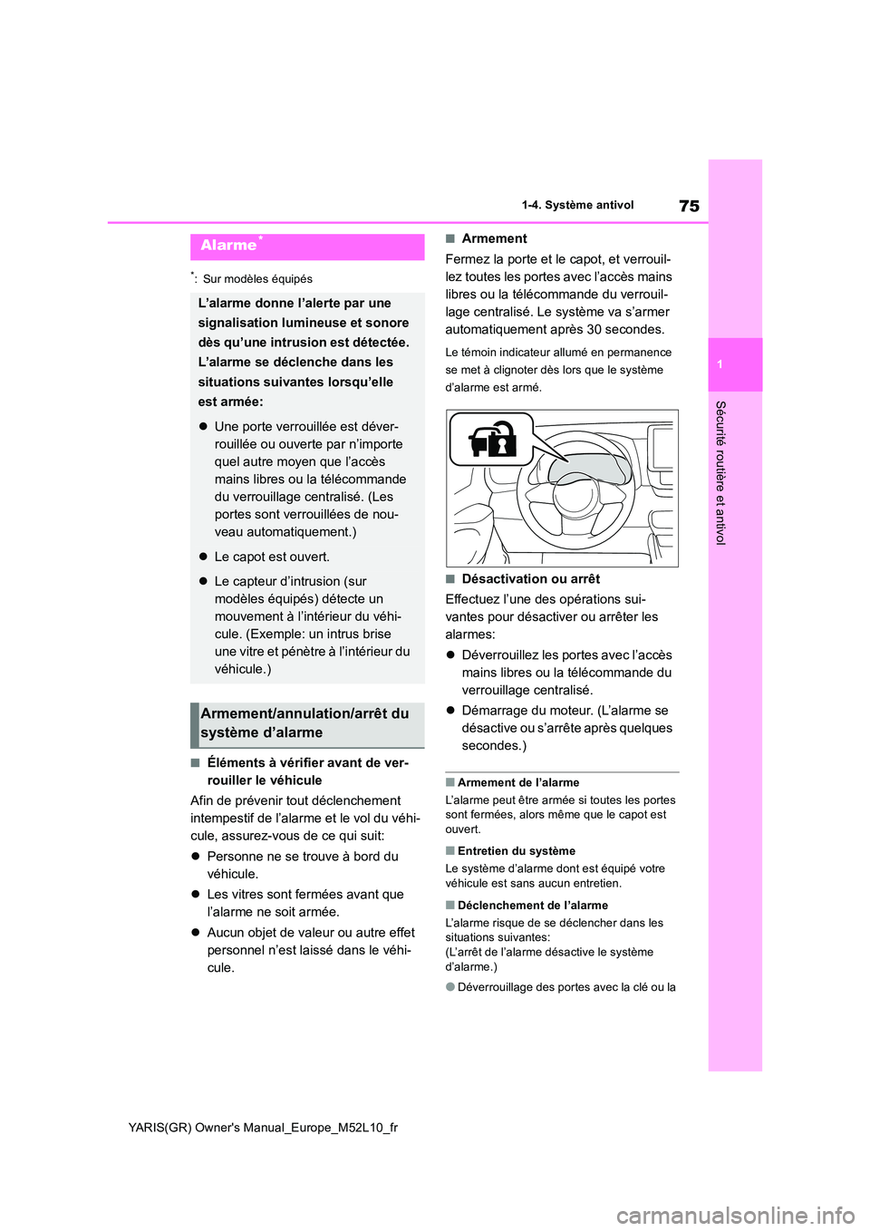 TOYOTA GR YARIS 2020 Manuel du propriétaire (in French) 75
1
YARIS(GR) Owners Manual_Europe_M52L10_fr
1-4. Système antivol
Sécurité routière et antivol
*: Sur modèles équipés
■Éléments à vérifier avant de ver-
rouiller le véhicule
Afin de TOYOTA GR YARIS 2020 Manuel du propriétaire (in French) 75
1
YARIS(GR) Owners Manual_Europe_M52L10_fr
1-4. Système antivol
Sécurité routière et antivol
*: Sur modèles équipés
■Éléments à vérifier avant de ver-
rouiller le véhicule
Afin de
