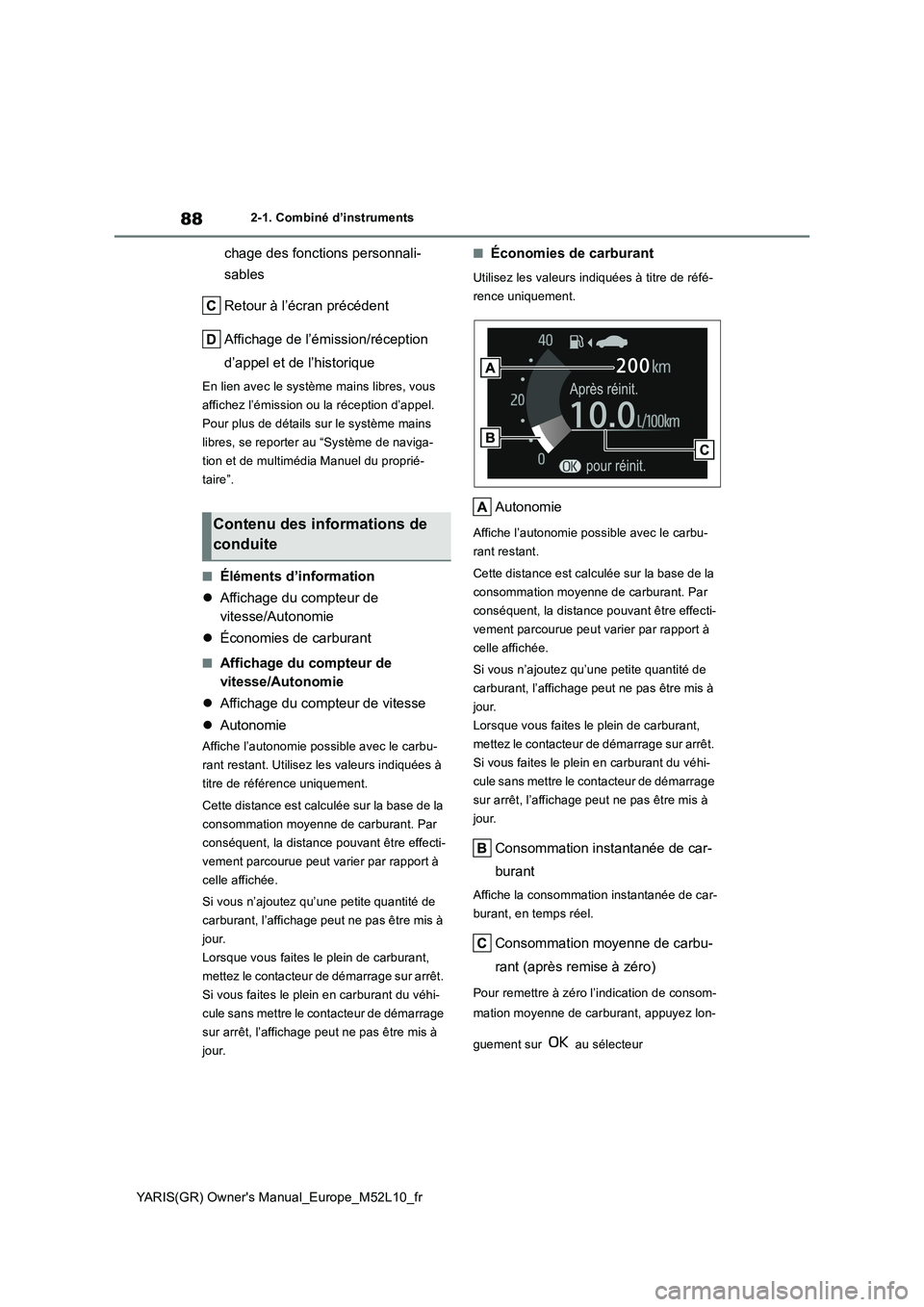 TOYOTA GR YARIS 2020  Manuel du propriétaire (in French) 88
YARIS(GR) Owners Manual_Europe_M52L10_fr
2-1. Combiné d’instruments
chage des fonctions personnali- 
sables 
Retour à l’écran précédent 
Affichage de l’émission/réception  
d’appel 