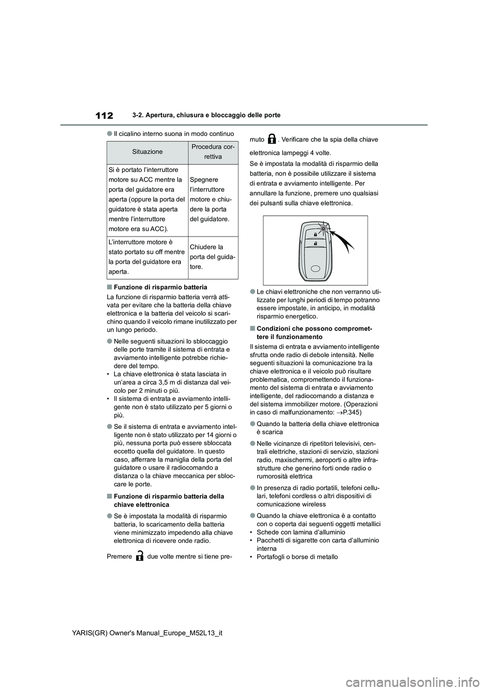 TOYOTA GR YARIS 2020  Manuale duso (in Italian) 112
YARIS(GR) Owners Manual_Europe_M52L13_it
3-2. Apertura, chiusura e bloccaggio delle porte
●Il cicalino interno suona in modo continuo
■Funzione di risparmio batteria 
La funzione di risparmio