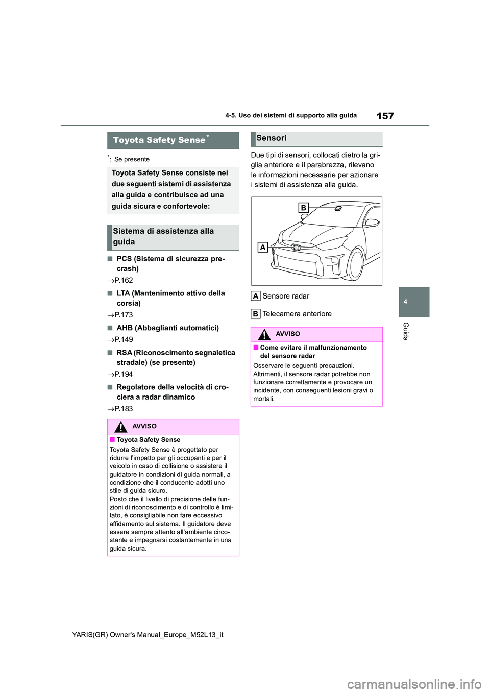 TOYOTA GR YARIS 2021  Manuale duso (in Italian) 157
4
YARIS(GR) Owners Manual_Europe_M52L13_it
4-5. Uso dei sistemi di supporto alla guida
Guida
4-5.Uso dei sis te mi di su pporto alla  gu ida
*: Se presente
■PCS (Sistema di sicurezza pre- 
cras