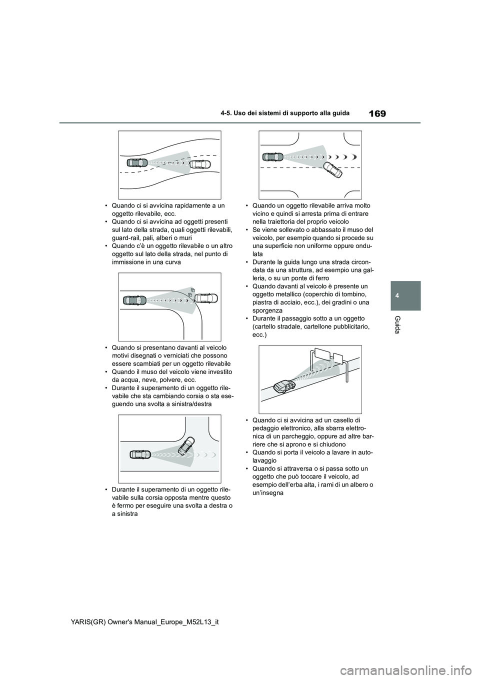 TOYOTA GR YARIS 2021  Manuale duso (in Italian) 169
4
YARIS(GR) Owners Manual_Europe_M52L13_it
4-5. Uso dei sistemi di supporto alla guida
Guida
• Quando ci si avvicina rapidamente a un  oggetto rilevabile, ecc.• Quando ci si avvicina ad ogget