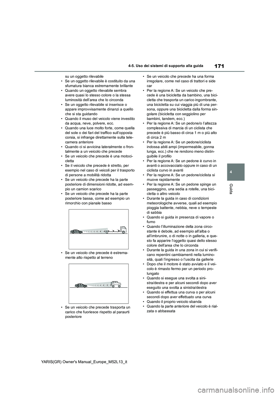 TOYOTA GR YARIS 2021  Manuale duso (in Italian) 171
4
YARIS(GR) Owners Manual_Europe_M52L13_it
4-5. Uso dei sistemi di supporto alla guida
Guida
su un oggetto rilevabile • Se un oggetto rilevabile è costituito da una sfumatura bianca es tremame
