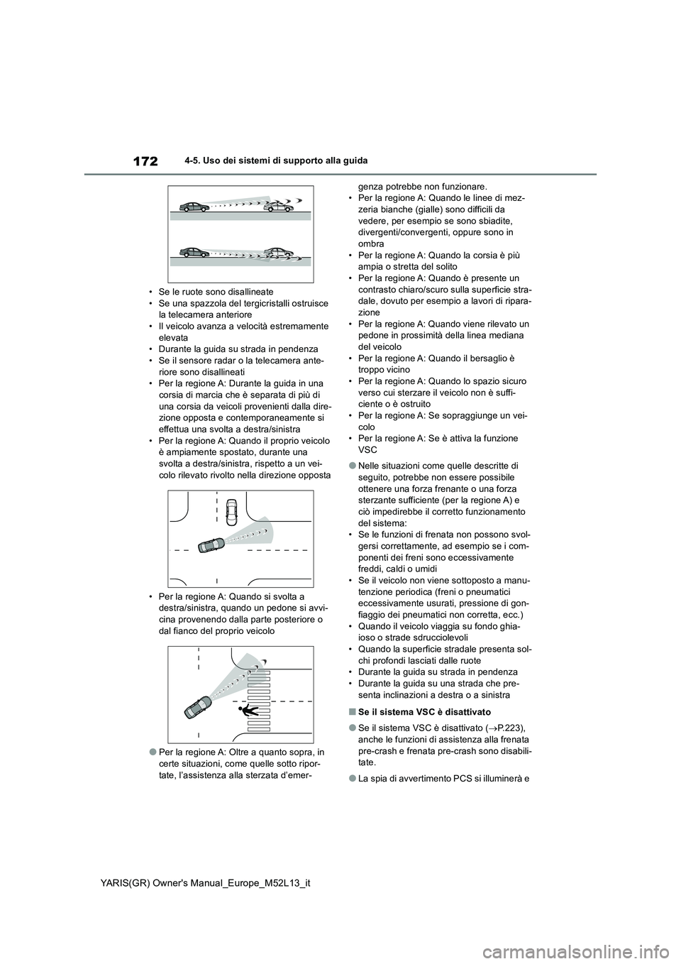 TOYOTA GR YARIS 2021  Manuale duso (in Italian) 172
YARIS(GR) Owners Manual_Europe_M52L13_it
4-5. Uso dei sistemi di supporto alla guida 
• Se le ruote sono disallineate • Se una spazzola del tergicristalli ostruisce la telecamera anteriore 
