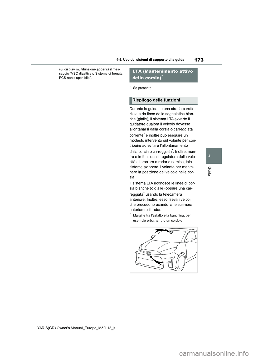 TOYOTA GR YARIS 2021  Manuale duso (in Italian) 173
4
YARIS(GR) Owners Manual_Europe_M52L13_it
4-5. Uso dei sistemi di supporto alla guida
Guida
sul display multifunzione apparirà il mes- saggio “VSC disattivato Sistema di frenata PCS non dispo