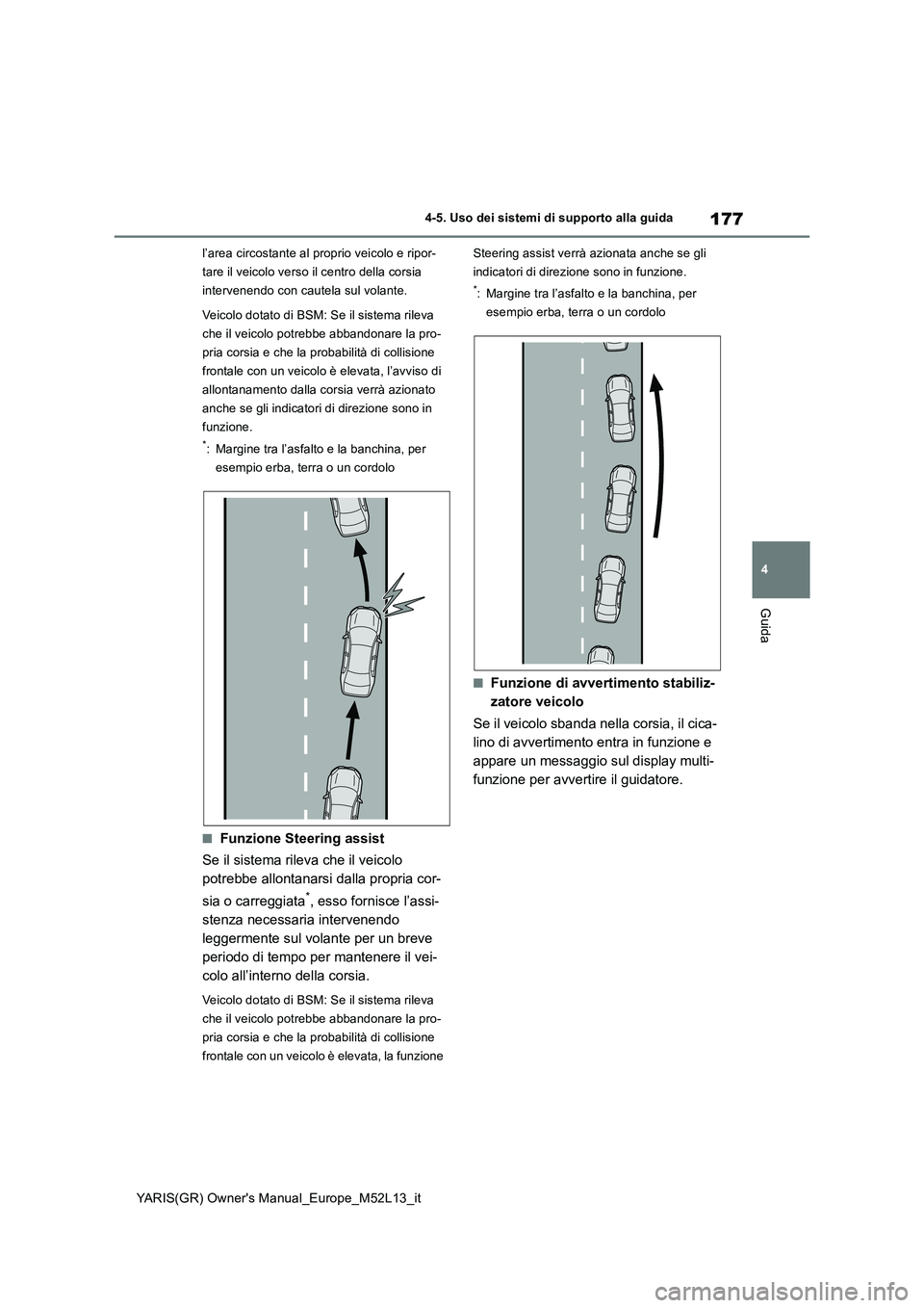 TOYOTA GR YARIS 2021  Manuale duso (in Italian) 177
4
YARIS(GR) Owners Manual_Europe_M52L13_it
4-5. Uso dei sistemi di supporto alla guida
Guida
l’area circostante al proprio veicolo e ripor- 
tare il veicolo verso il centro della corsia 
interv