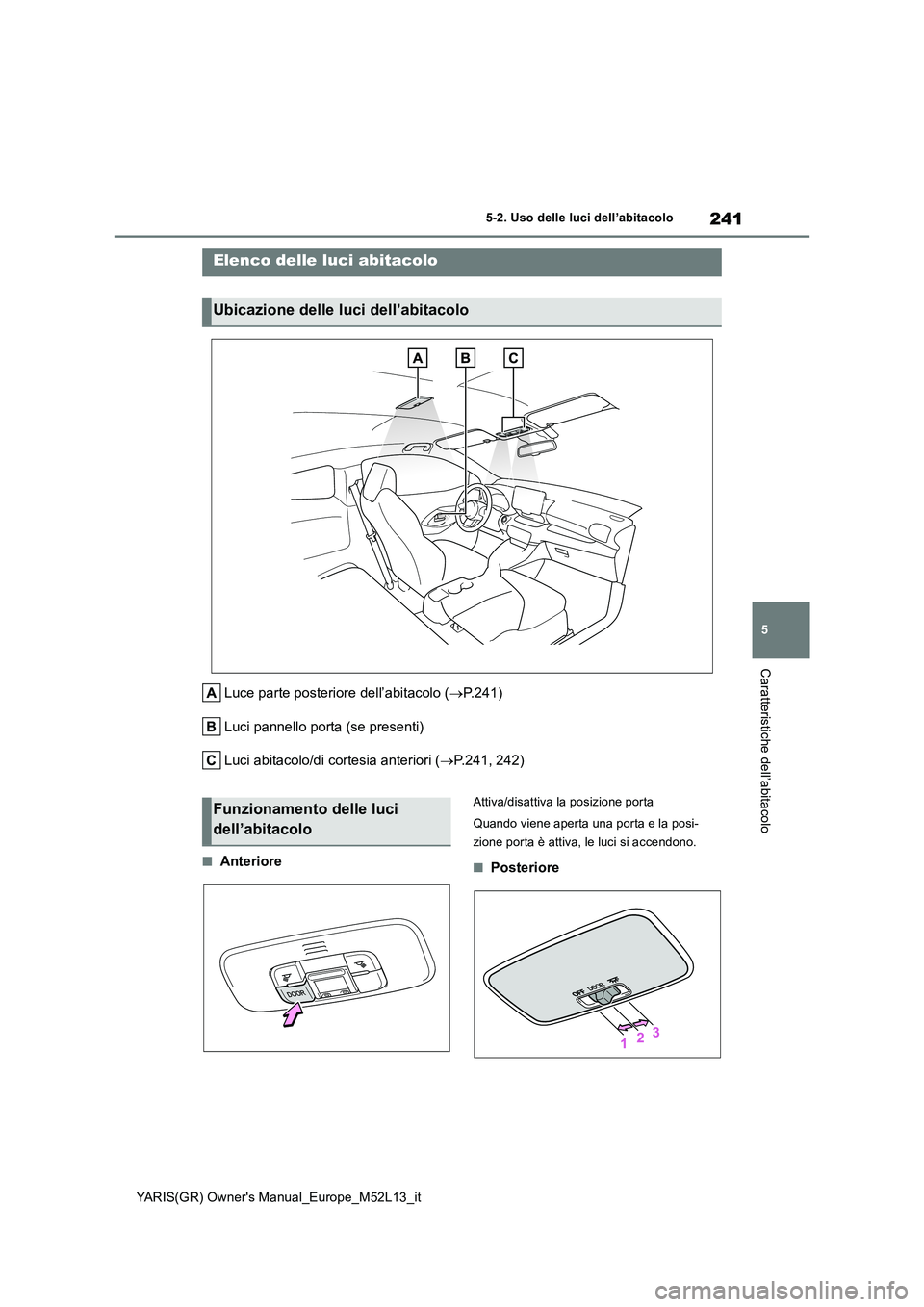 TOYOTA GR YARIS 2021  Manuale duso (in Italian) 241
5
YARIS(GR) Owners Manual_Europe_M52L13_it
5-2. Uso delle luci dell’abitacolo
Caratteristiche dell’abitacolo
5-2.Uso delle luci dell’abitacolo
Luce parte posteriore dell’abitacolo (P.2