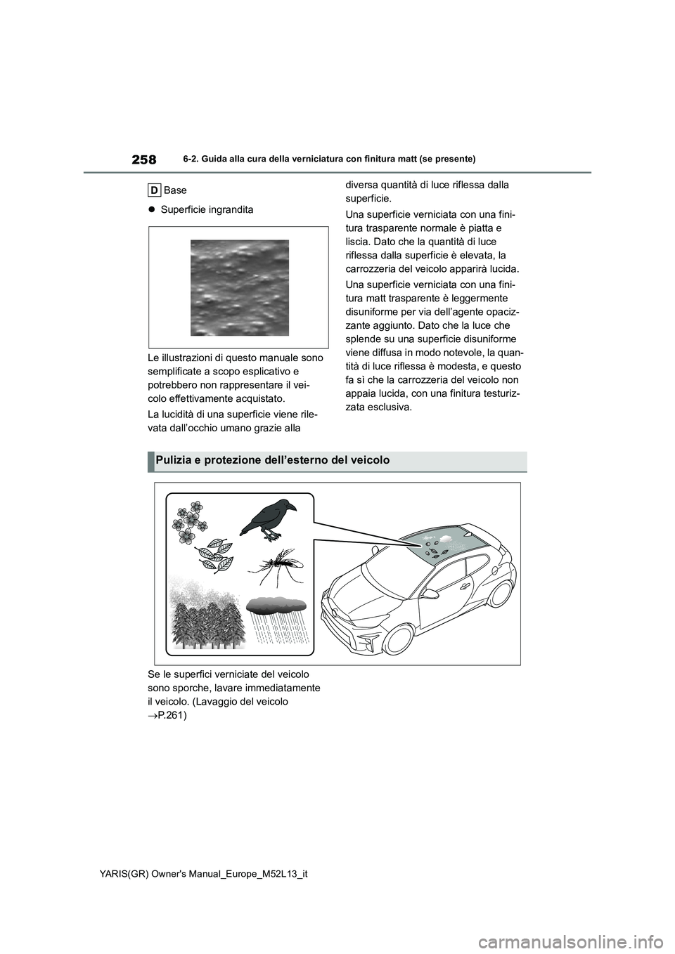 TOYOTA GR YARIS 2021 Manuale duso (in Italian) 258
YARIS(GR) Owners Manual_Europe_M52L13_it
6-2. Guida alla cura della verniciatura con finitura matt (se presente)
Base
Superficie ingrandita
Le illustrazioni di questo manuale sono
semplif TOYOTA GR YARIS 2021 Manuale duso (in Italian) 258
YARIS(GR) Owners Manual_Europe_M52L13_it
6-2. Guida alla cura della verniciatura con finitura matt (se presente)
Base
Superficie ingrandita
Le illustrazioni di questo manuale sono
semplif