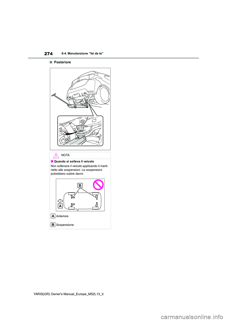 TOYOTA GR YARIS 2020  Manuale duso (in Italian) 274
YARIS(GR) Owners Manual_Europe_M52L13_it
6-4. Manutenzione “fai da te”
■Posteriore
NOTA
■Quando si solleva il veicolo 
Non sollevare il veicolo applicando il marti- 
netto alle sospension