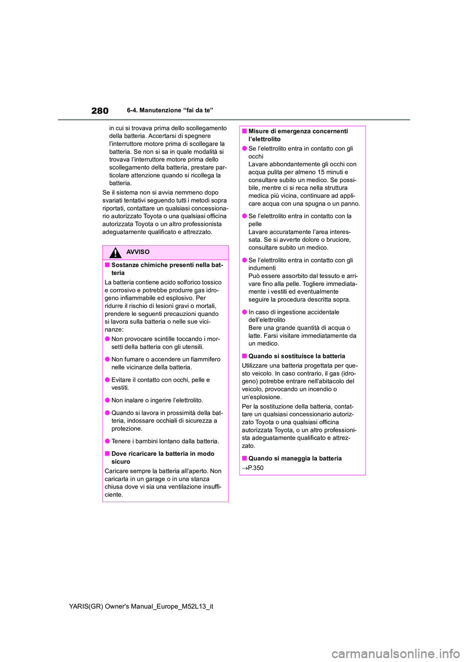 TOYOTA GR YARIS 2020 Manuale duso (in Italian) 280
YARIS(GR) Owners Manual_Europe_M52L13_it
6-4. Manutenzione “fai da te”
in cui si trovava prima dello scollegamento della batteria. Accertarsi di spegnere l’interruttore motore prima di sc TOYOTA GR YARIS 2020 Manuale duso (in Italian) 280
YARIS(GR) Owners Manual_Europe_M52L13_it
6-4. Manutenzione “fai da te”
in cui si trovava prima dello scollegamento della batteria. Accertarsi di spegnere l’interruttore motore prima di sc