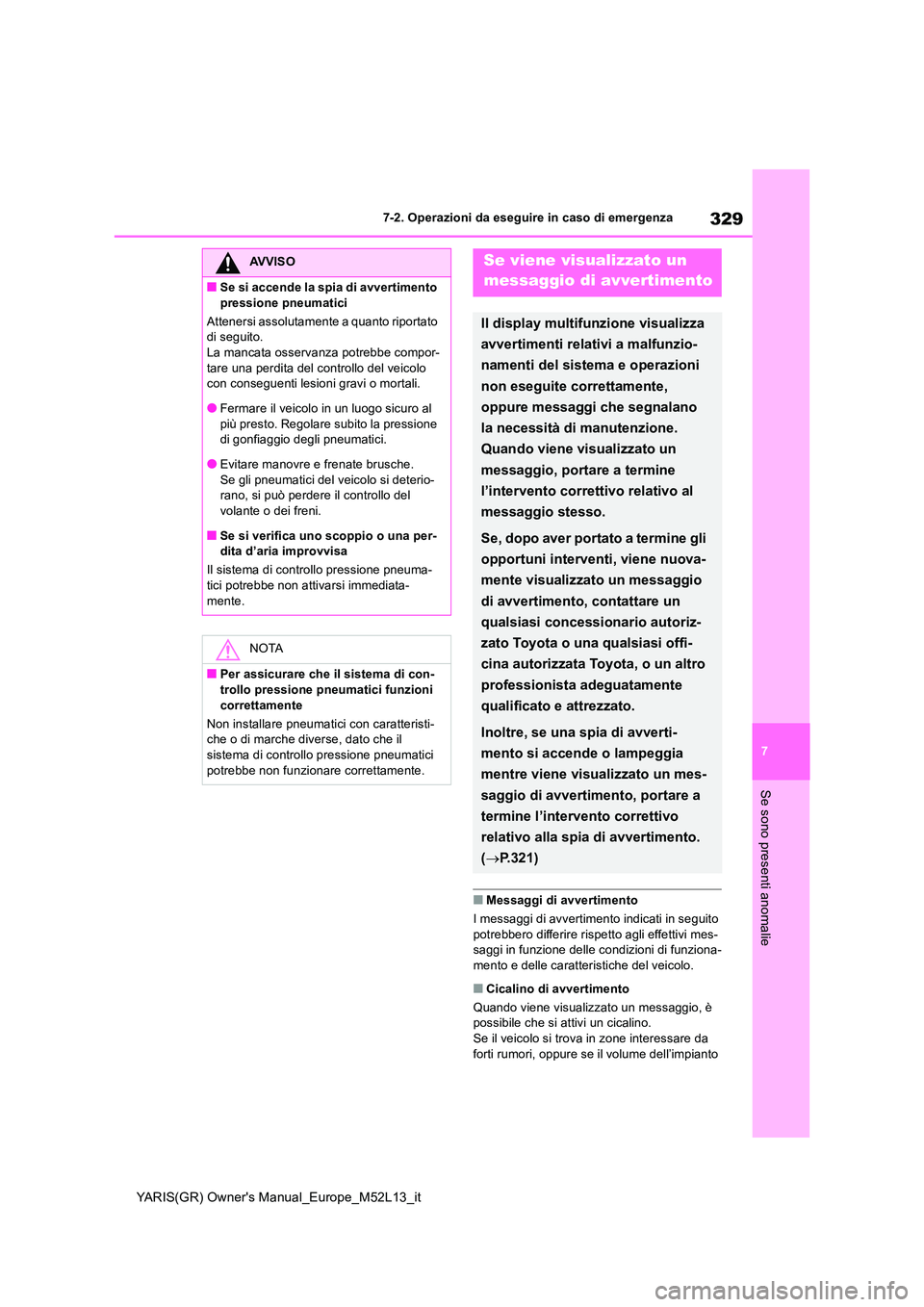 TOYOTA GR YARIS 2020 Manuale duso (in Italian) 329
7
YARIS(GR) Owners Manual_Europe_M52L13_it
7-2. Operazioni da eseguire in caso di emergenza
Se sono presenti anomalie
■Messaggi di avvertimento
I messaggi di avvertimento indicati in seguito TOYOTA GR YARIS 2020 Manuale duso (in Italian) 329
7
YARIS(GR) Owners Manual_Europe_M52L13_it
7-2. Operazioni da eseguire in caso di emergenza
Se sono presenti anomalie
■Messaggi di avvertimento
I messaggi di avvertimento indicati in seguito