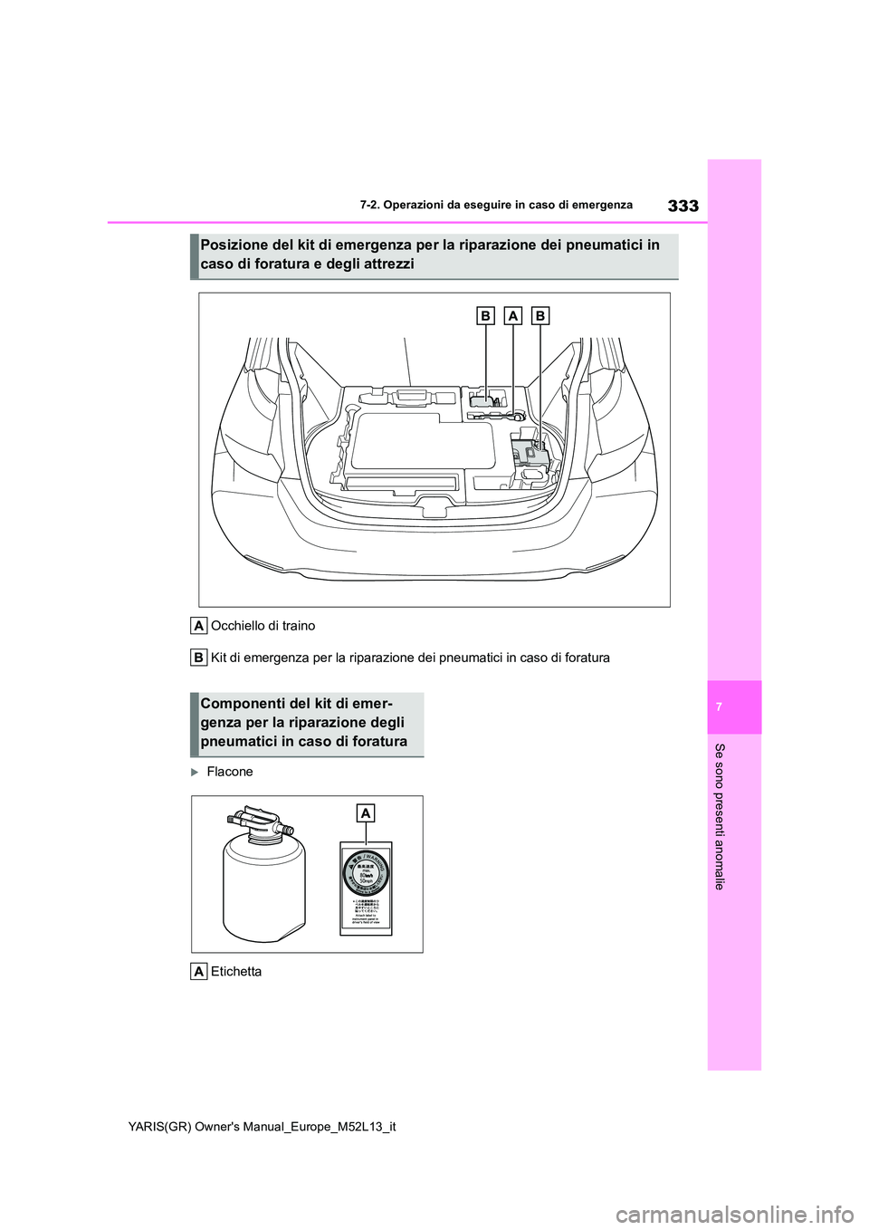 TOYOTA GR YARIS 2020 Manuale duso (in Italian) 333
7
YARIS(GR) Owners Manual_Europe_M52L13_it
7-2. Operazioni da eseguire in caso di emergenza
Se sono presenti anomalie
Occhiello di traino
Kit di emergenza per la riparazione dei pneumatici in ca TOYOTA GR YARIS 2020 Manuale duso (in Italian) 333
7
YARIS(GR) Owners Manual_Europe_M52L13_it
7-2. Operazioni da eseguire in caso di emergenza
Se sono presenti anomalie
Occhiello di traino
Kit di emergenza per la riparazione dei pneumatici in ca