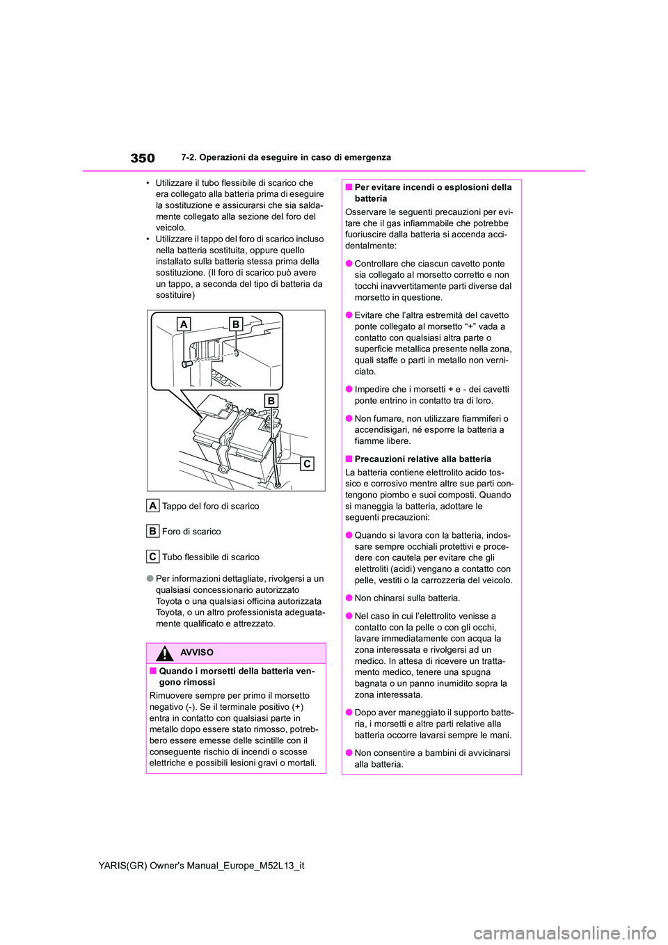 TOYOTA GR YARIS 2020 Manuale duso (in Italian) 350
YARIS(GR) Owners Manual_Europe_M52L13_it
7-2. Operazioni da eseguire in caso di emergenza
• Utilizzare il tubo flessibile di scarico che era collegato alla batteria prima di eseguire la sosti TOYOTA GR YARIS 2020 Manuale duso (in Italian) 350
YARIS(GR) Owners Manual_Europe_M52L13_it
7-2. Operazioni da eseguire in caso di emergenza
• Utilizzare il tubo flessibile di scarico che era collegato alla batteria prima di eseguire la sosti