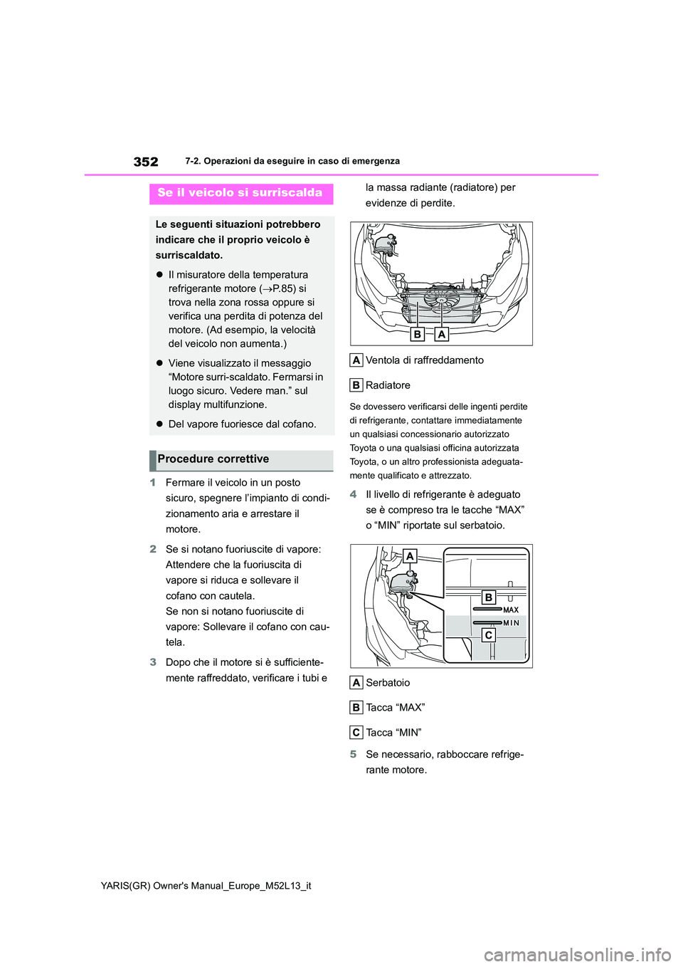 TOYOTA GR YARIS 2020 Manuale duso (in Italian) 352
YARIS(GR) Owners Manual_Europe_M52L13_it
7-2. Operazioni da eseguire in caso di emergenza
1Fermare il veicolo in un posto
sicuro, spegnere l’impianto di condi-
zionamento aria e arrestare il TOYOTA GR YARIS 2020 Manuale duso (in Italian) 352
YARIS(GR) Owners Manual_Europe_M52L13_it
7-2. Operazioni da eseguire in caso di emergenza
1Fermare il veicolo in un posto
sicuro, spegnere l’impianto di condi-
zionamento aria e arrestare il