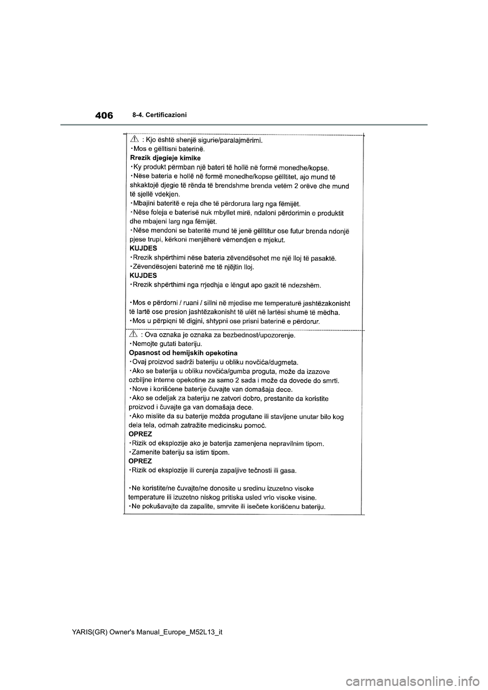 TOYOTA GR YARIS 2020 Manuale duso (in Italian) 406
YARIS(GR) Owners Manual_Europe_M52L13_it
8-4. Certificazioni TOYOTA GR YARIS 2020 Manuale duso (in Italian) 406
YARIS(GR) Owners Manual_Europe_M52L13_it
8-4. Certificazioni