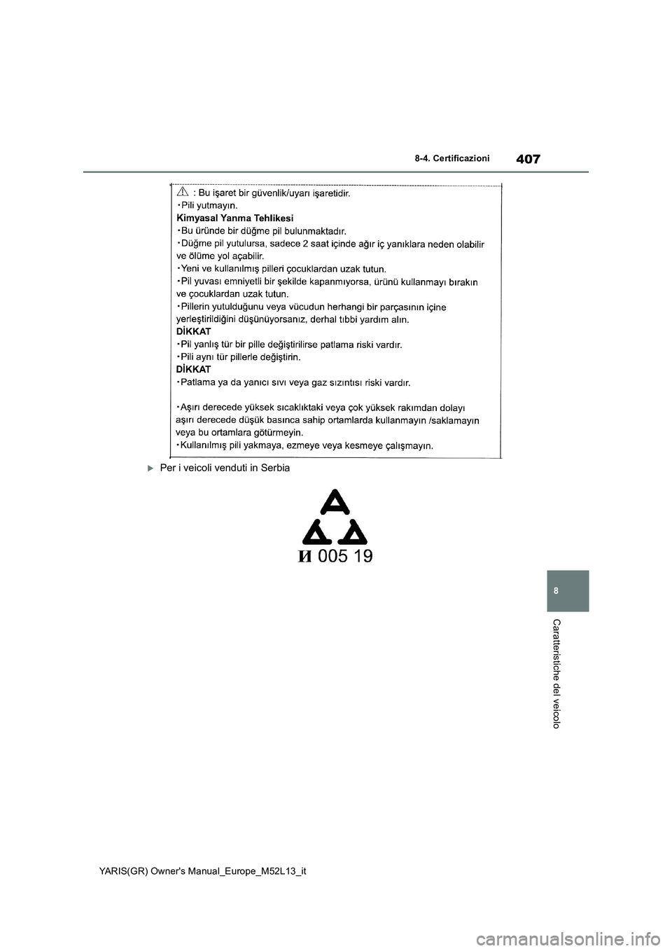 TOYOTA GR YARIS 2020 Manuale duso (in Italian) 407
8
YARIS(GR) Owners Manual_Europe_M52L13_it
8-4. Certificazioni
Caratteristiche del veicolo
Per i veicoli venduti in Serbia TOYOTA GR YARIS 2020 Manuale duso (in Italian) 407
8
YARIS(GR) Owners Manual_Europe_M52L13_it
8-4. Certificazioni
Caratteristiche del veicolo
Per i veicoli venduti in Serbia